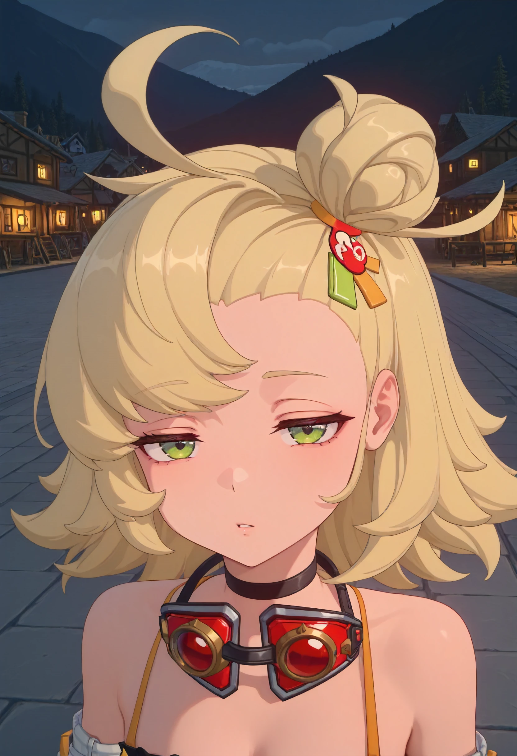 masterpiece, best quality, amazing quality, very aesthetic, absurdres, newest, scenery, volumetric lighting, perfect eyes, ultra detailed,
1girl, Piper Wheel, solo, blonde hair, ahoge, messy hair, hair bun, green eyes,
black crop top, detached sleeves, shoulder cut, white sleeves, goggles around neck,
looking at viewer, half-closed eyes, bored face, closeup, face closeup, portrait, parted lips, beautiful,
village, detailed background,
<lora:Piper_Wheel_-_Zenless_Zone_Zero_ZZZ__Illustrious:1>
masterpiece, best quality, amazing quality, very aesthetic, absurdres, newest, scenery, volumetric lighting, perfect eyes, ultra detailed,