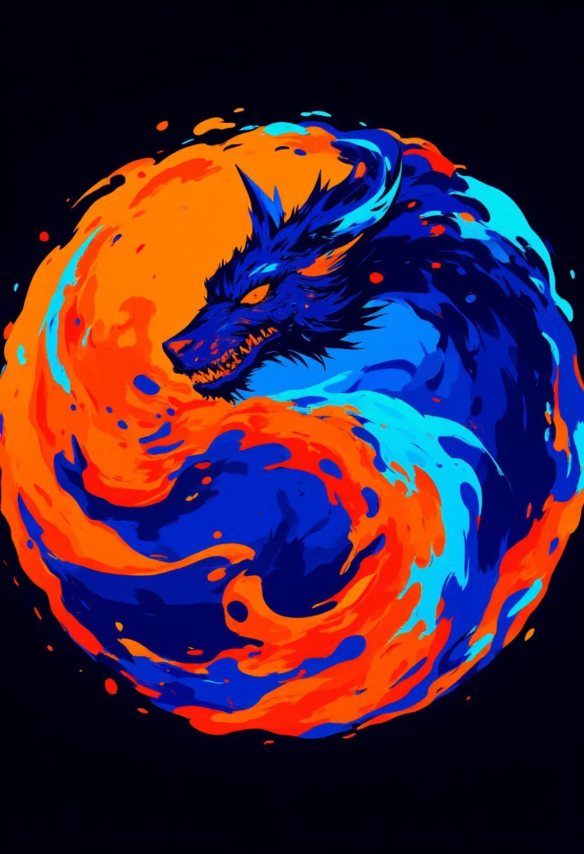 high contrast neon anime style in bright orange and cool blue, a ying yang symbol, HCANstyle