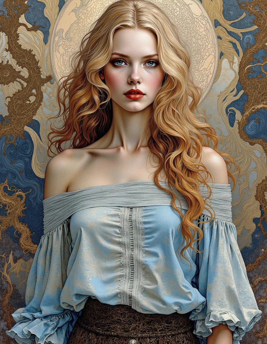 This is a highly detailed, digital painting depicting a young woman with a striking, ethereal appearance. She has long, voluminous, wavy blonde hair that cascades down her shoulders and back, framing her face and adding to her otherworldly aura. Her eyes are a deep, intense blue, and her lips are painted a rich, dark red, enhancing her dramatic expression. She is dressed in an off-the-shoulder, long-sleeved blouse with a soft, flowing texture, which is partially translucent, revealing a hint of her skin underneath. The blouse is a light, ethereal blue, with subtle, intricate patterns and shading that add depth and texture. Her lower body is covered in a dark, textured fabric that resembles a rich, woven material, contrasting with the lightness of her upper attire.
The background is a blend of abstract, dreamlike elements with a mix of warm and cool tones. There are swirling, organic shapes in shades of blue, brown, and gold, giving the impression of a magical or mystical environment. The overall style of the painting is a blend of realism and fantasy, with a focus on intricate details and soft, flowing textures that evoke a sense of elegance and otherworldliness. <lora:Illustration_Style_IV-3:0.85>