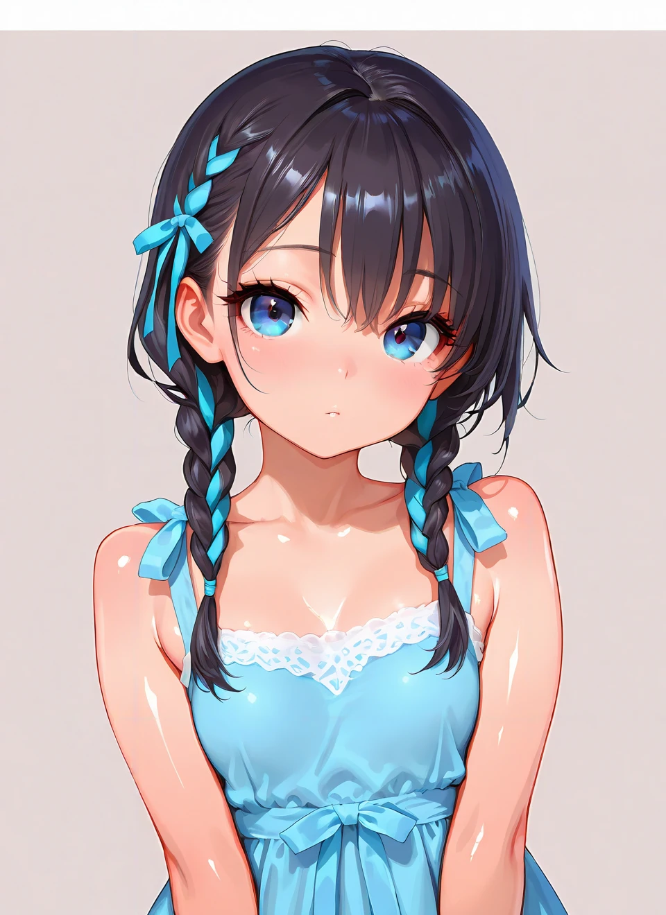 masterpiece,amazing quality,best quality,ultra-detailed,8K,illustration,CG,shiny hair,clear skin,ultra-detailed-eyes,simple background,cute girl, eyelashes <lora:hair ribbon braid_illustrious_V1.0:1> hair ribbon braid,dress,braid,twintails