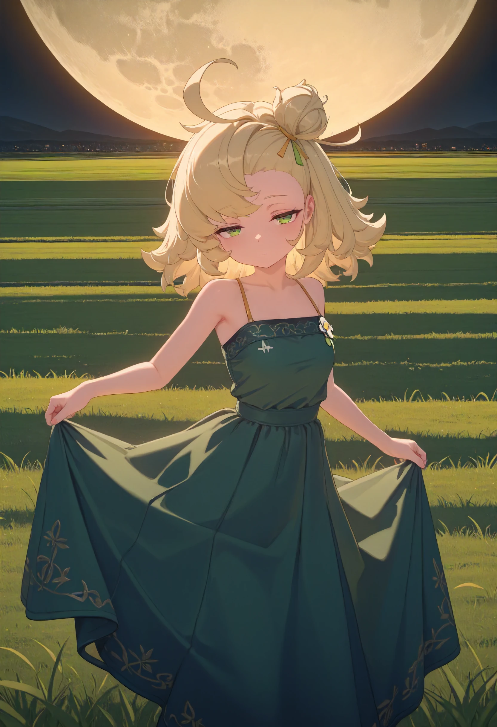 masterpiece, best quality, amazing quality, very aesthetic, absurdres, newest, scenery, volumetric lighting, perfect eyes, ultra detailed,
1girl, Piper Wheel, solo, blonde hair, ahoge, messy hair, hair bun, green eyes, short, tiny, petite,
green dress, dress pattern, long dress, perfect dress,
looking at viewer, dancing, half-closed eyes,
giant moon background, grass field, detailed background, backlighting,
<lora:Piper_Wheel_-_Zenless_Zone_Zero_ZZZ__Illustrious:1>
masterpiece, best quality, amazing quality, very aesthetic, absurdres, newest, scenery, volumetric lighting, perfect eyes, ultra detailed,