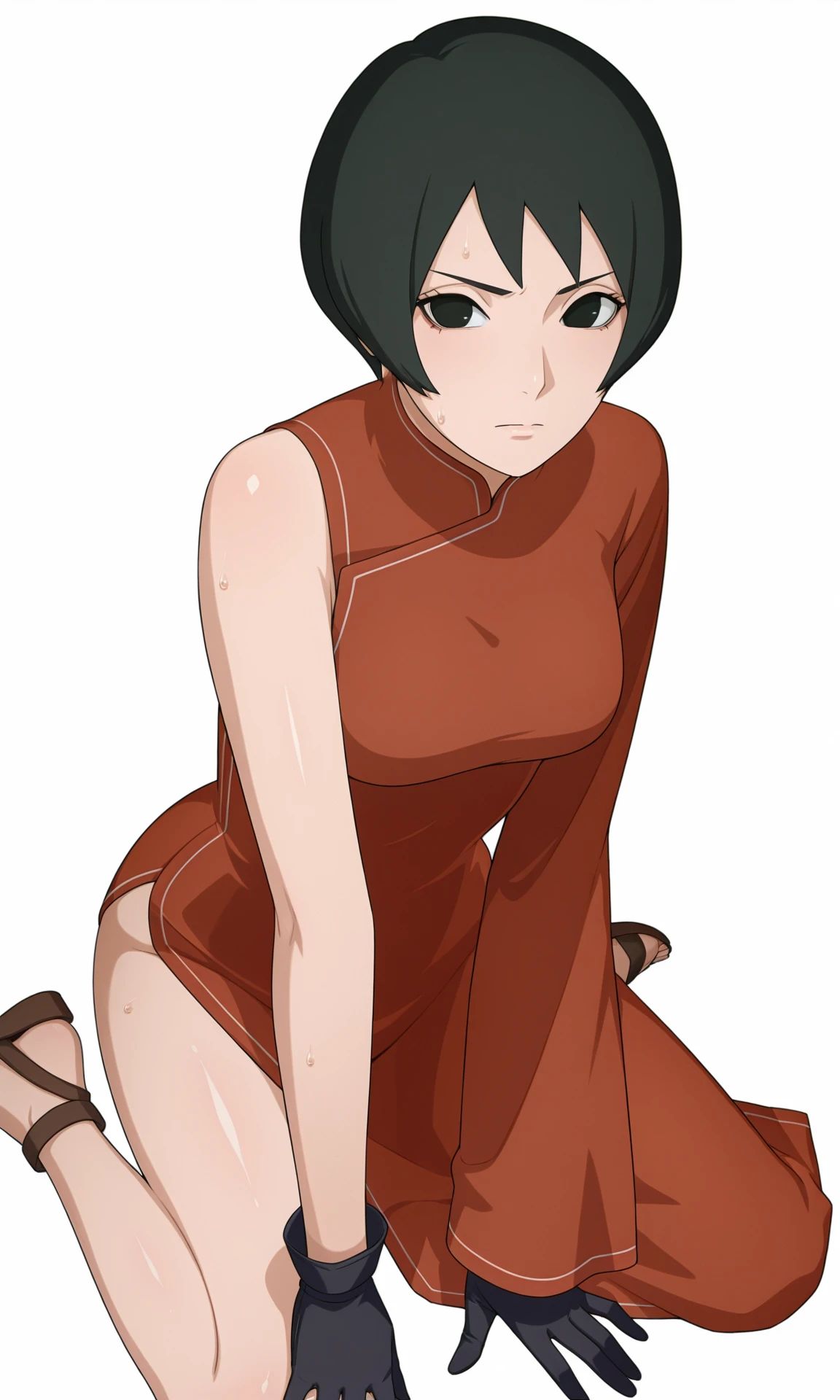masterpiece, best quality, perfect lighting, shiny skin, game cg,
pov, wariza,
BREAK
kurotsuchii, 1girl, solo, looking at viewer, no pupils, short hair,
china dress, side slit, single sleeve, long sleeve, bare shoulder,
black gloves,
sandals,
sweat,
simple background, white background,
<lora:Naruto_Kurotsuchi_iXL-000016:1>