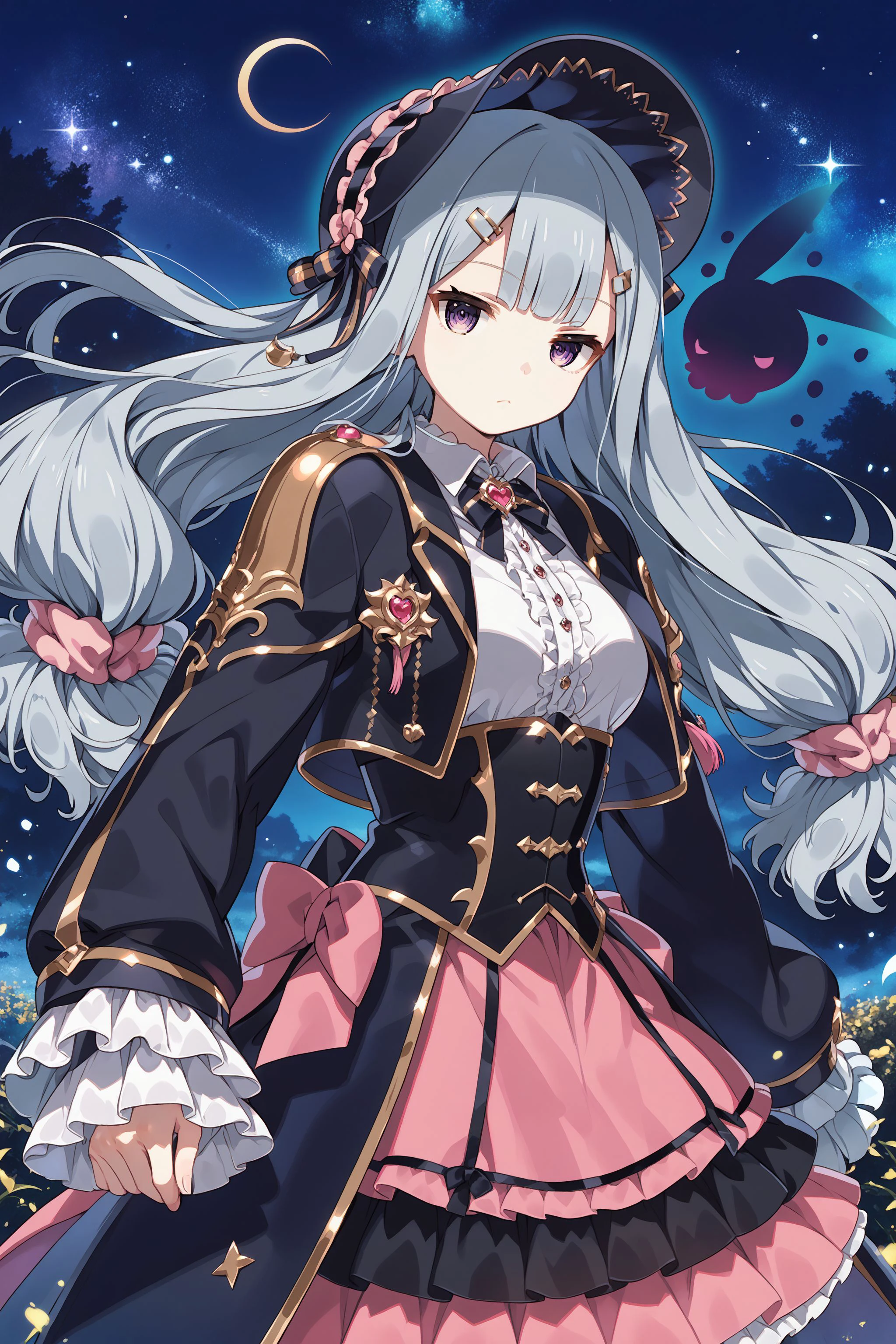 score_max, (score_9, score_8_up, score_7_up:1.2), score_6_up, official art, source_anime,
, masterpiece, absurdres, high detail, 8k,
eclipse, night, starry sky,
standing, serious, black ghost,
solo, rubetti, low-tied long hair, bonnet, hairclip, heart brooch, white shirt, collared shirt, frilled shirt, black jacket, open jacket, cropped jacket, long sleeves, sleeves past fingers, gold trim, single shoulder armor, corset, pink skirt, frilled skirt
<lora:XL_Pony_gomaotsu-ruberis-t1:1.0>