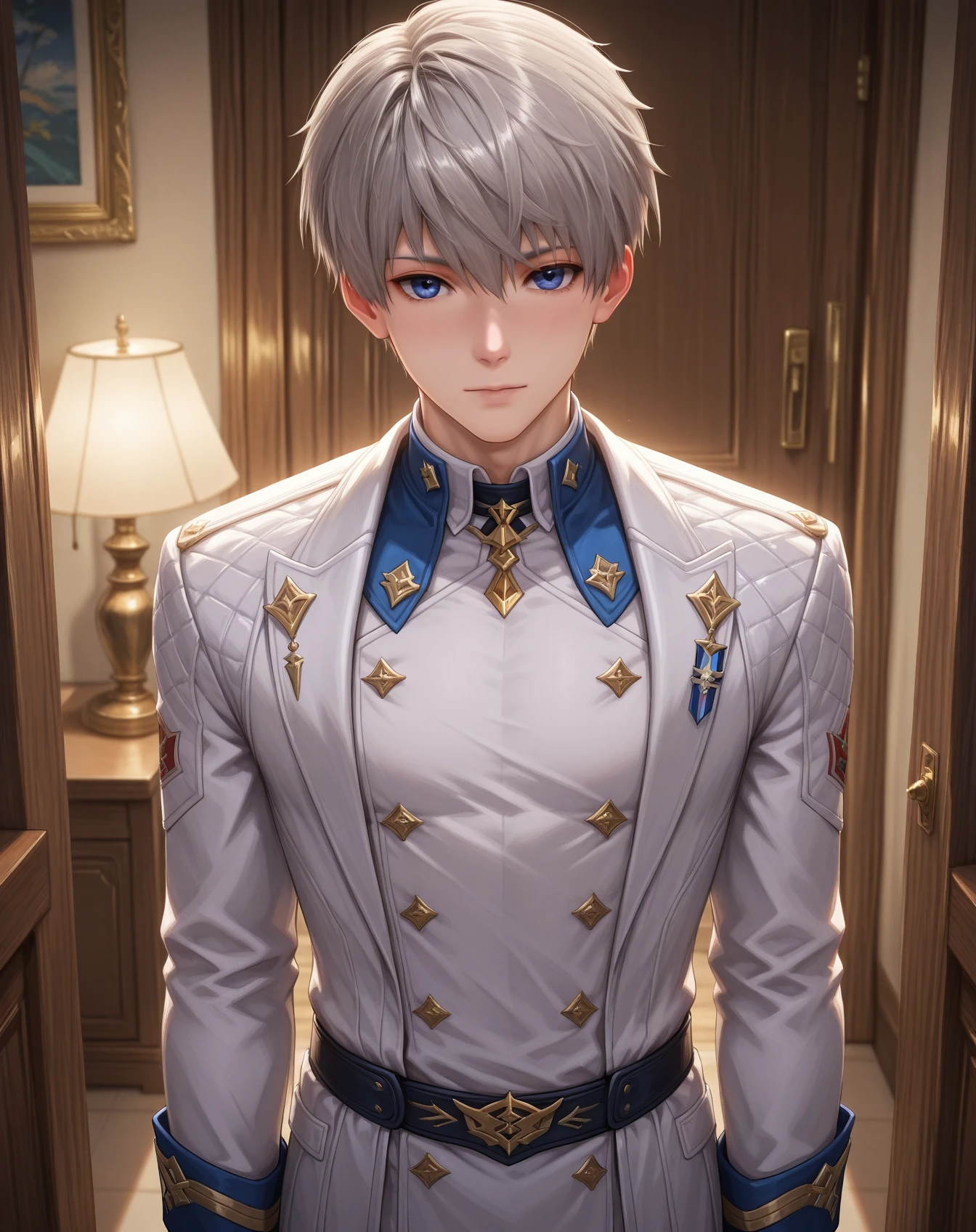 masterpiece, best quality, absurdres, very aesthetic,
1boy, solo, yaoi, male focus,
looking at viewer, cowboy shot, facing viewer, standing, straight-on, arms at sides,
<lora:Xavier_LnDS:1> xavierlnds, grey hair, blue eyes, short hair,
indoors