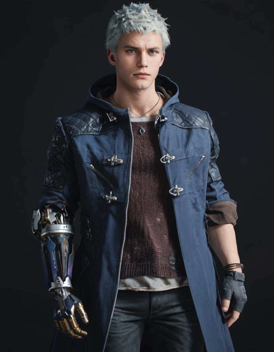 score_9, score_8_up, score_7_up, score_6_up, score_5_up, score_4, solo
BREAK <lora:Nero_-_DMC_5_-_Pony:0.8> dmc5_nero, male, white hair, blue eyes, necklace, blue coat, hood down, sweater, bracelet, single glove, pants, single mechanical arm