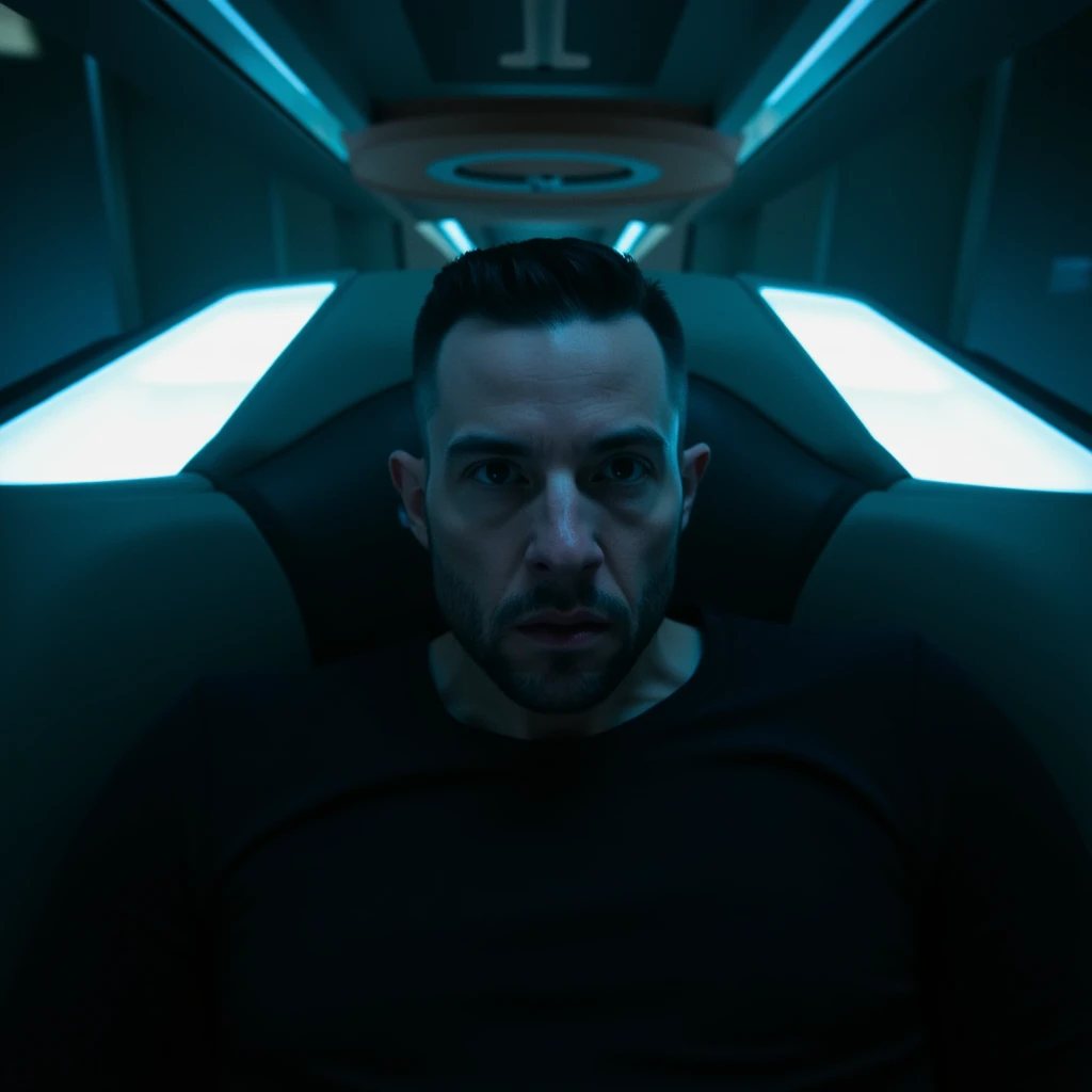 cinematic film still of  <lora:2600 - Halo style v1:0.8>
In Futuristic 26th century 2600 BCE a man sitting in a confession chair with a neon light on his head, solo, looking at viewer, short hair, shirt, black hair, long sleeves, 1boy, sitting, upper body, male focus, teeth, glowing, chair, from below, mustache, cinematic, filmic, dramatic light, sci fi, action themed, futuristic, halo style, black shirt, blood, facial hair, science fiction, shallow depth of field, vignette, highly detailed, high budget, bokeh, cinemascope, moody, epic, gorgeous, film grain, grainy