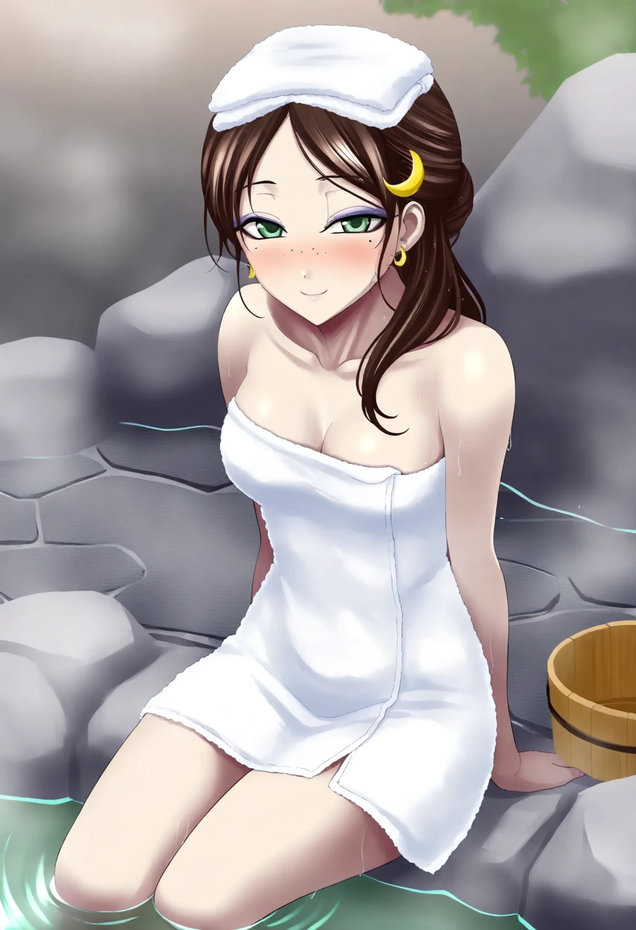 1girl, long hair, dark brown hair, bang, green eyes, white pale skin, mascara,earrings, black eyeshadow, freckles, diamond shape face, medium breasts,
crescent hair ornament, naked towel, towel on head,
solo, looking at viewer, smile, sitting, water, towel, onsen, bucket, 
 <lora:BlueFrillIL-style:1>, bluefrill,