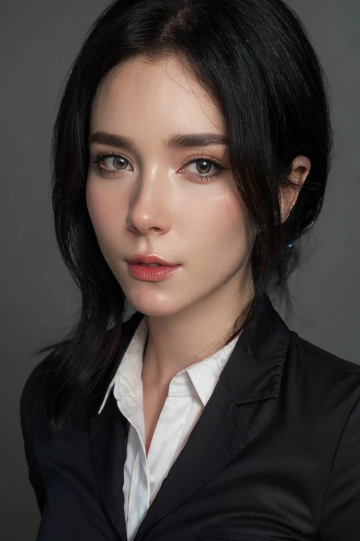 masterpiece, best quality, ultra-detailed, ultra high res, (photorealistic:1.4), raw photo, (realistic:0.2), 8k HDR, bright realistic lighting, 1girl, solo, looking at viewer, asymmetrical hair, (detailed pores), (detailed skin textures), (detailed face), (simple gray background :1.2), (full body:1.3), black suits, white collared shirts, black pants,