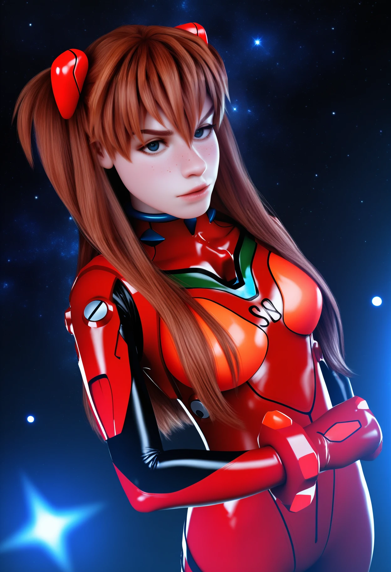 masterpiece, best quality, very aesthetic, absurdres,
realistic,3D, render, 3d render, BREAK
1girl, shirogane, souryuu asuka langley, brown hair, twintails, bangs, freckles, long hair, blue eyes,
red plugsuit, plugsuit, red bodysuit, skin tight,
looking at viewer,
dark background, simple background, particles, bokeh,
black background,starry background,galaxy background,dark,contrast,  <lora:ShiroganeNoobXL_byKonan:1>