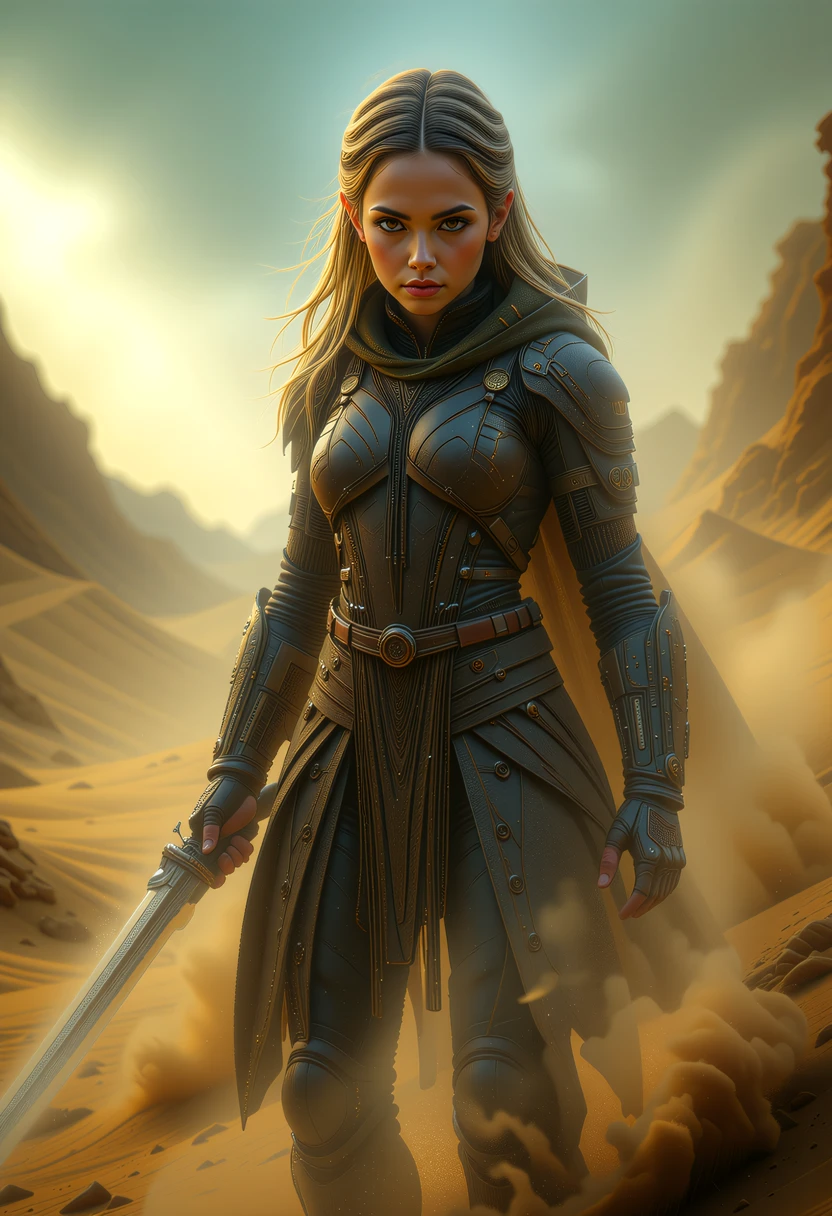 A cinematic scene unfolds in a desert landscape, where a Valenar Elf warrior, a fusion of ancient traditions and high-tech innovations, stands ready for battle. Her clothing, a blend of traditional elven attire and futuristic technology, includes a high-tech cloak and armor, enhancing her agility and protection. The warrior, with her sword drawn, faces the sandstorm, her determined expression capturing the essence of resilience and strength. This high-resolution photograph, with its dynamic composition, energetic pose, and hyper-realistic details, utilizes dramatic lighting and shallow depth of field to create a captivating image, leaving viewers enthralled by the warrior's beauty, power, and the mysteries of the desert's harsh environment.     <lora:flux/Sinfully_Stylish_.02_for_FLUX-000002.safetensors:1.0>,  <lora:flux/perfection style v2d.safetensors:1.0>, perfection style, <lora:flux/ARTifacts.safetensors:1.0>,