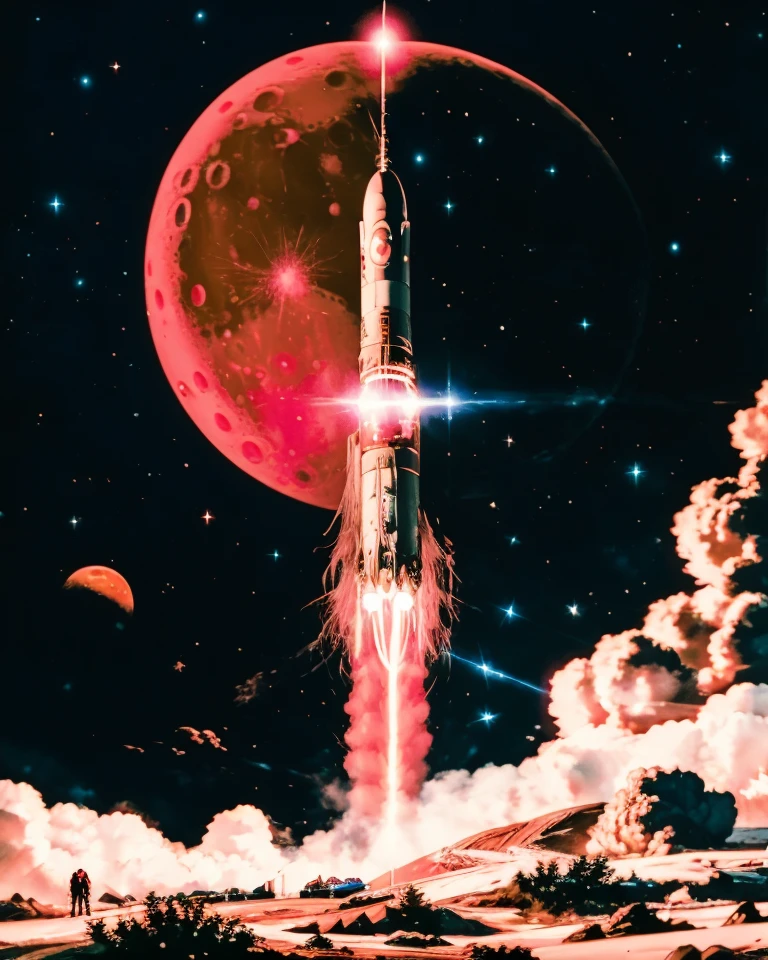 <lora:Retrocom1-SD1:0.95> A rocket flying past a moon, stars in the background, dramatic, cinematic, explosive