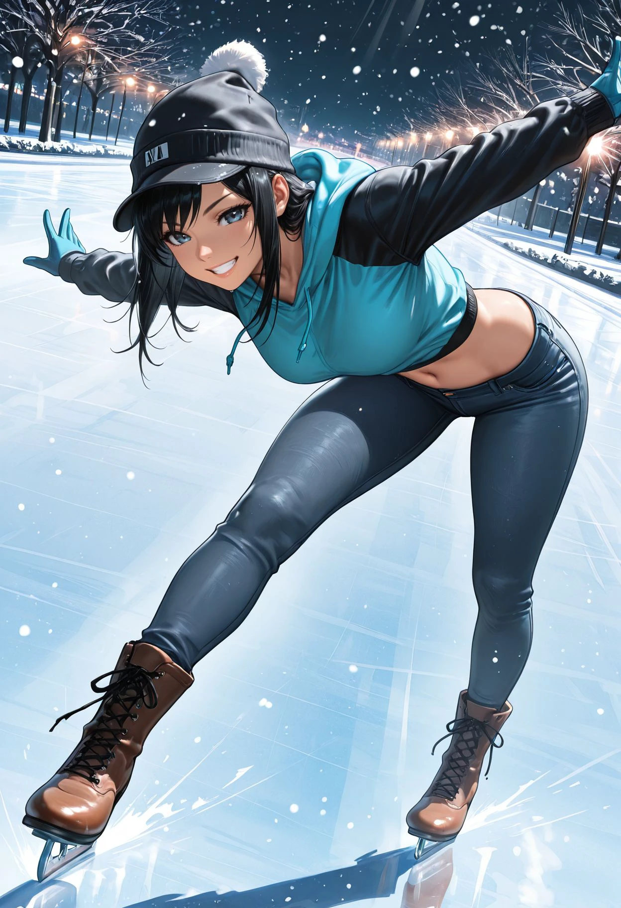 Smooth Quality - Illustrious,
1girl, black hair, boots, gloves, hoodie, jeans, pants, cap, grin, leaning forward, solo, navel, ice skating, park​​​, snowing,  dynamic angle, speed lines, movement