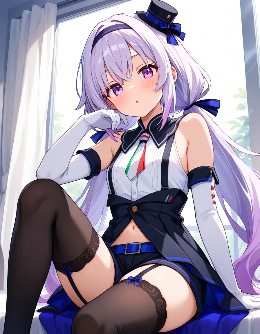 masterpiece, best quality, very aesthetic, absurdres,  pino2nd, 1girl, solo, light purple hair, hairband, mini hat, multicolored necktie, sleeveless, white elbow gloves, short shorts,  black thighhighs, garter straps <lora:ILcarropino:0.7>