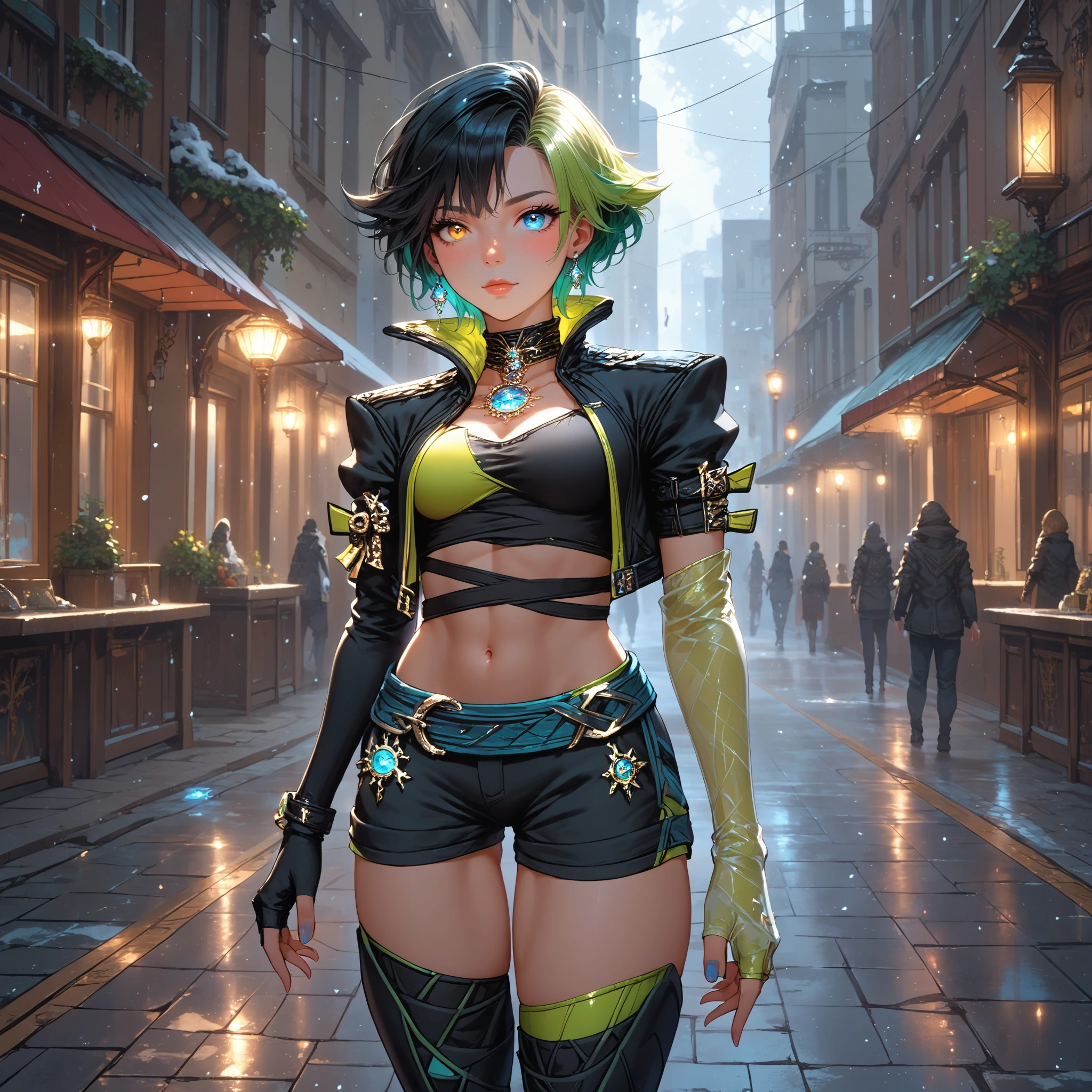 score_9, score_8_up, score_7_up,,hyper-detailed anime illustration of outdoor, street, winter, snowing, freckles, detailed skin, anime art style, every element meticulously crafted, complex backgrounds with rich textures and depth, vibrant and harmonious color palette, dynamic lighting and shadows, capturing fine details in every scene, magical or surreal atmosphere, lifelike gestures and movements, elaborate compositions with multiple layers of detail, blending realism and anime aesthetics, fully immersive and visually captivating storytelling, closeup portrait photography, beautiful eyes, capturing emotion, personality, flattering lighting, professional, engaging, compelling composition,,heterochromia, lun4mb, 1girl, solo, short hair, jacket, shorts, gloves, green hair, thighhighs, multicolored hair, black hair, yellow eye, blue eye, midriff, fingerless gloves, cropped jacket, boots, navel, thigh boots, black footwear,