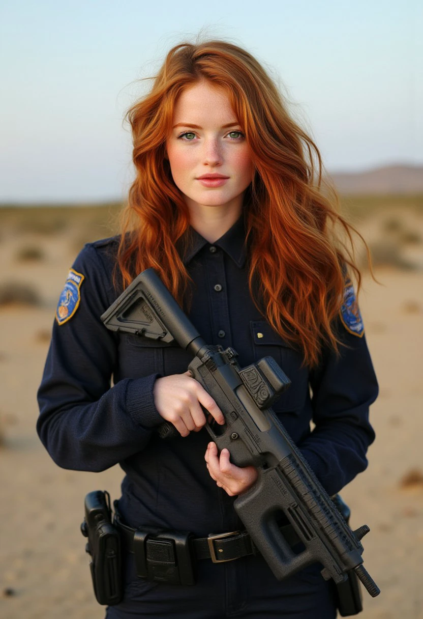 A red head girl with green eyes TestModel04, holding a GLOCKG outside in the desert. Wearing a police uniform