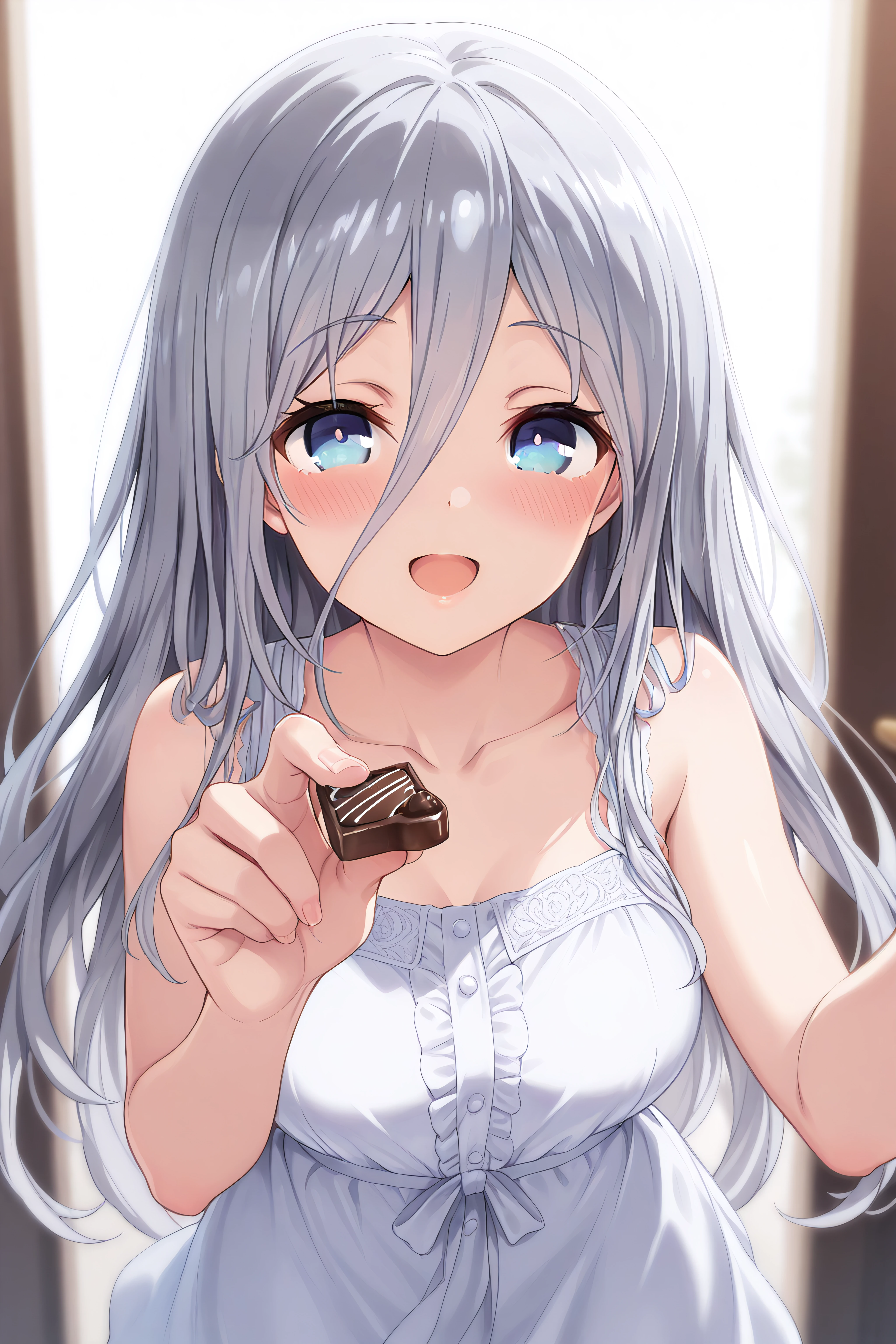 masterpiece, best quality, <lora:Mio Takamiya-Illustrious-lora-Faxtron:1> mio takamiya, blue eyes, grey hair, long hair, hair between eyes, white dress, collarbone, sleeveless, 
 <lora:incoming-chocolate-ponyxl-lora-nochekaiser:1> incoming food, chocolate, holding, holding chocolate, holding food, food, looking at viewer, open mouth, blush, smile