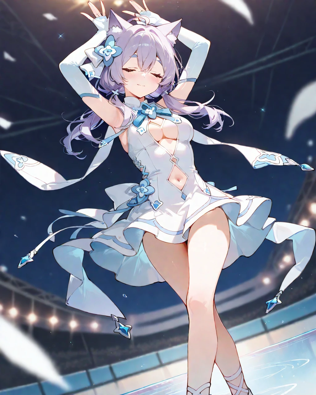 (artist:fujieda_uzuki:1.1),(artist:ikeuchi_tanuma:0.8),(artist:hiten_(hitenkei):0.7),(artist:nana_kagura:0.9),(artist:kani_biimu:0.5),(artist:noyu_(noyu23386566):0.8),(artist:saki_(saki_paint):0.6), (artist:sironora:0.9),(artist:henreader:0.6),masterpiece, best quality, good quality,
(1girl:1.2), solo, <lora:Fes Salt On Illust:1>, salt\(maimai\), thick eyebrows, ahoge, hair between eyes, light smile, aged up, low twintails, white clothes, center opening,
cat ears, animal ear fluff, closed eyes, grey purple hair, hair ornament, hair ribbon, medium breasts, high collar, (ice skates:0.5) ,(white cross-laced ankle straps:1.3), (white cross-laced leg ribbon:1.3), (footwear ornament:1.1), aqua fingerless elbow gloves, lower buns,
skating rink, armpit peek, looking at viewer, (cleavage cutout:1.3), navel cutout, navel, open hands, (cross-laced arm straps:1.2), stomach cutout, skindentation, dancing, ice skating, crossed legs, (figure skating:1.2), arms up, armpits, hand raised,
light particles, bloom, depth of field, masterpiece, best quality, good quality, newest, thin thighs,full body,
<lora:HandFixer_pdxl_Incrs_v1:0.6>,<lora:delicate:1>,<lora:ai_styles_collection_noob_vpred-1.0-v4.02:0.7> ,