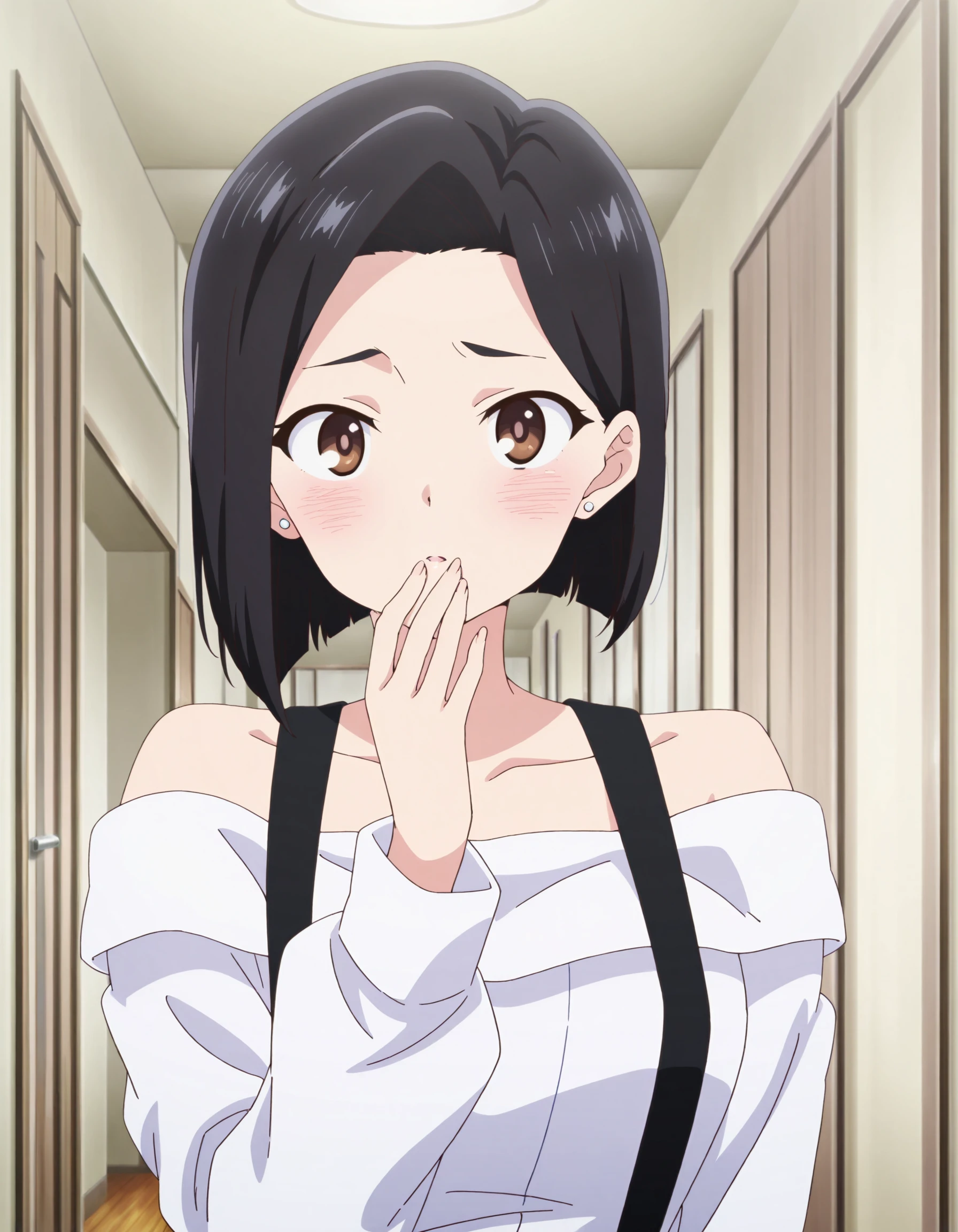 anime screencap, anime coloring, detailed face,
<lora:Sanae_Yamada_The_Dangers_in_My_Heart_-_Illustrious:.7>, 1girl, solo, brown eyes, black hair, earrings, blush, short hair, jewelry, indoors, off-shoulder shirt,stud earrings, shirt, collarbone, off shoulder, looking at viewer, bare shoulders, long sleeves, Sanae white shirt with suspenders outfit, hand to mouth, full body