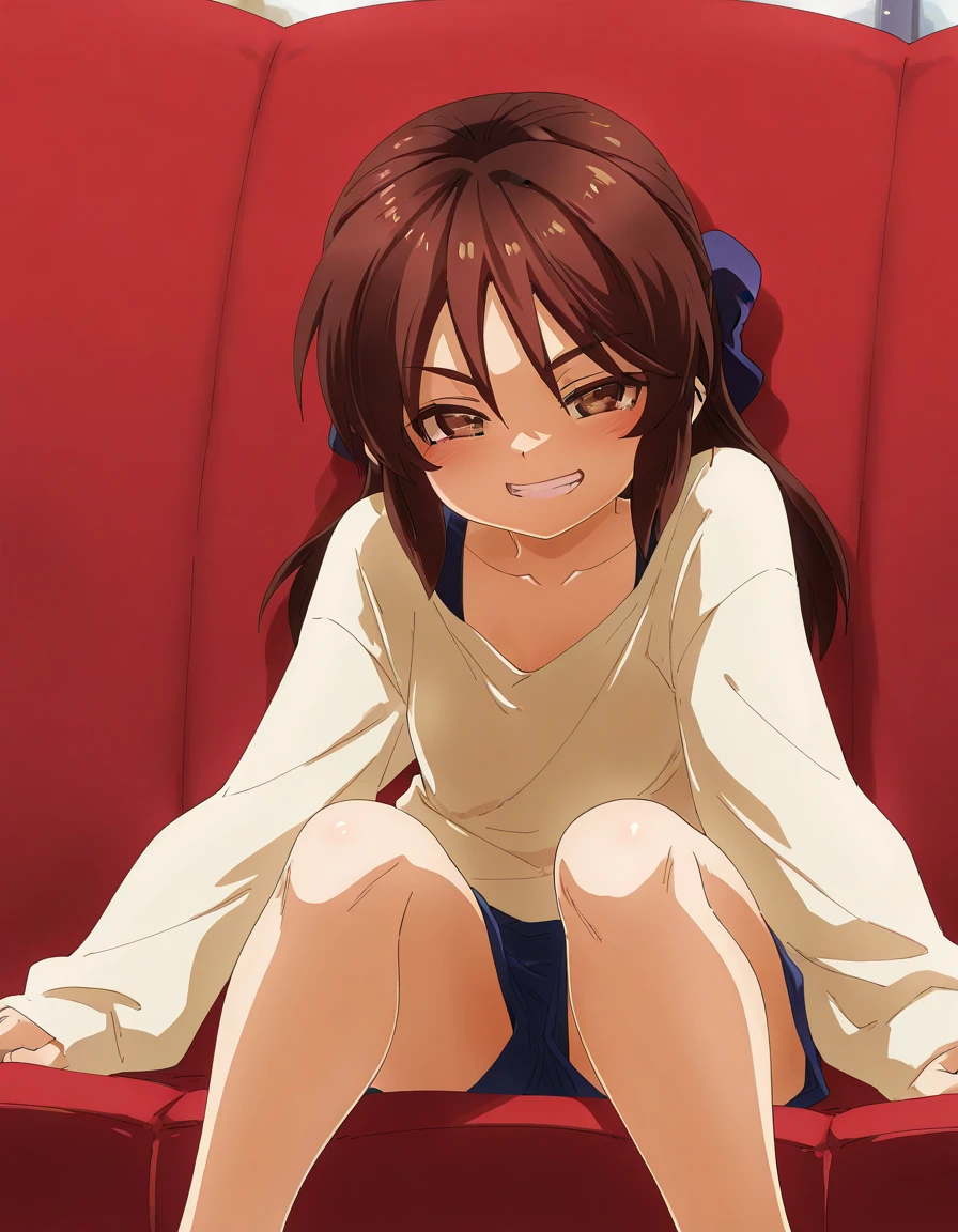 masterpiece, best quality, high definition, 1girl, solo, one, superhero, ((rabbit girl costume, rabbit girl, rabbit girl only, )), stockings, brown hair, short hair, brown eyes, hair headband, medium hair, ribbon, shoes, matching shoes, medium , sitting, smiling, in the room, Haruhi Suzumiya, Kyoi Haruhi style, autumn, winter, cloudy, very detailed face