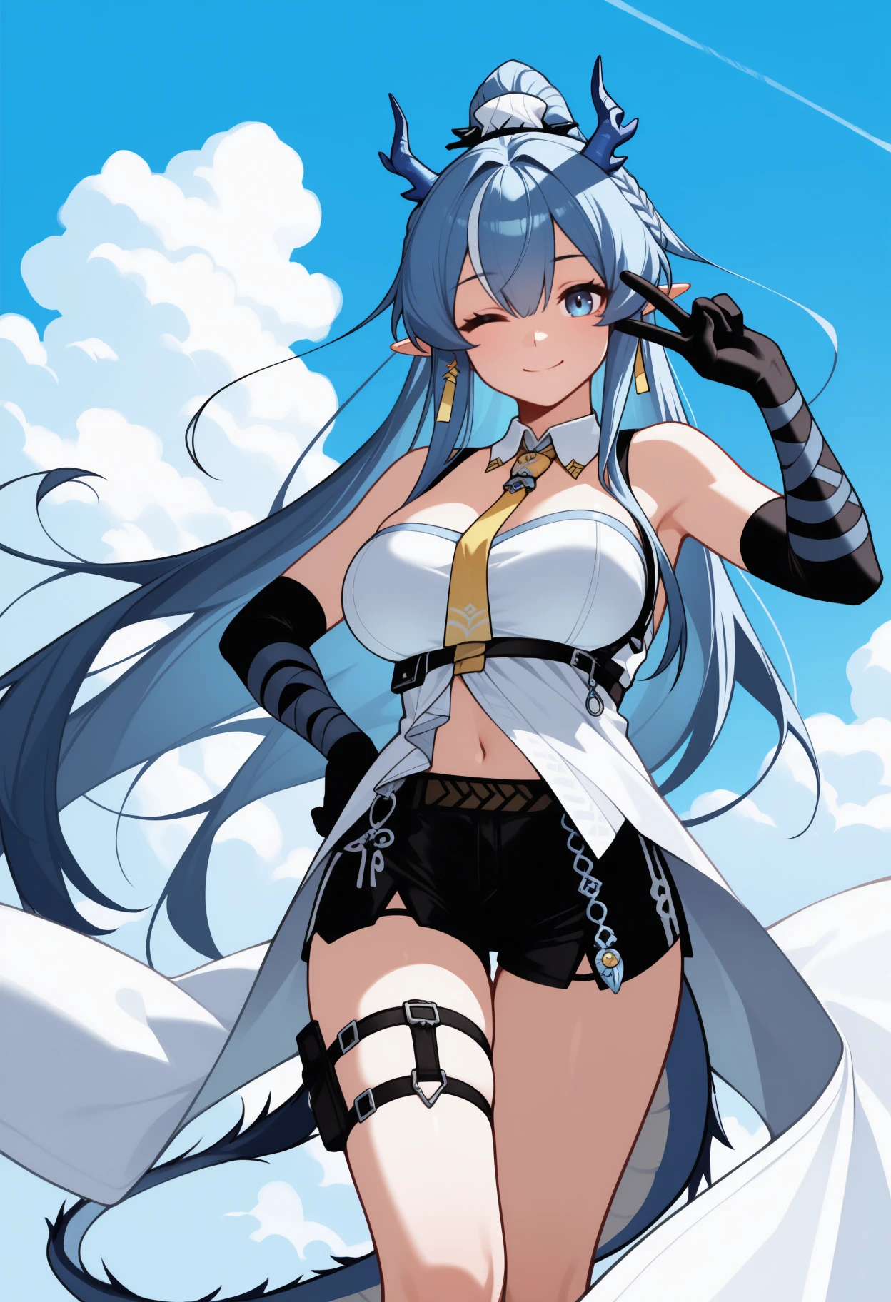 masterpiece, best quality, solo, 1girl, l1ngdef, dragon tail, smile, looking at viewer, standing, v over eye, hand on own hip, streaked hair, blue hair, white hair, hair between eyes, braid, high ponytail, blue horns, dragon horns, pointy ears, blue eyes, one eye closed, white shirt, strapless shirt, detached collar, yellow necktie, underbust, black gloves, elbow gloves, arm wrap, black shorts, short shorts, thigh strap, white footwear, tassel earrings, bare shoulders, navel, large breasts, blue sky, cloud, wind lift
<segment:yolo-Anzhc Face seg 640 v2 y8n.pt,0.4,0.5//cid=1>