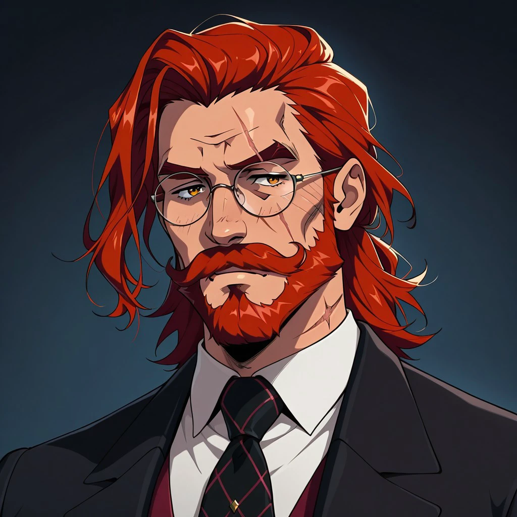 masterpiece, best quality, newest, absurdres, highres, 
anime, anime style, BetterScarsIL-v1.0, scar, 1boy, glasses, red hair, suit, round glasses, beard, facial hair, mustache, scar, scars on face