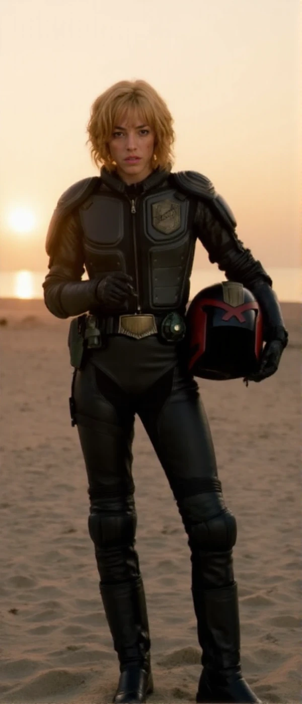 <lora:Cassandra Anderson:0.9> cassandra anderson, a woman wears black leather outfit. She poses on the beach at sunset. She holds a helmet.