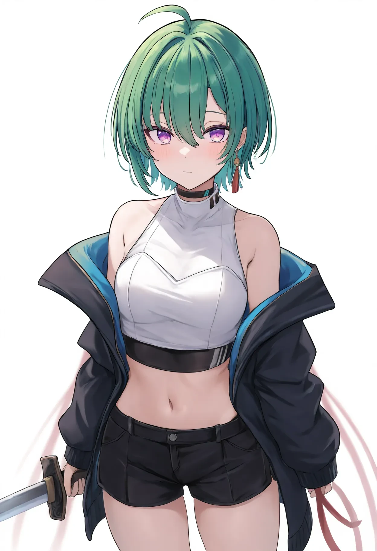 (8k, RAW photos, top quality, masterpiece: 1.2), (High Quality), ray tracing, HDR, (High Details), (Face detail), (Shadow Detail), Runa/Luna, 3d, 3d render, Vrchat model, android, 1girl, solo,  fubuki (one punch man) (cosplay), (fur coat), white fur coat, dark green collared dress, dark green hair, collarbone, necklace, beautiful eyes, woman, detailed, thick thighs,