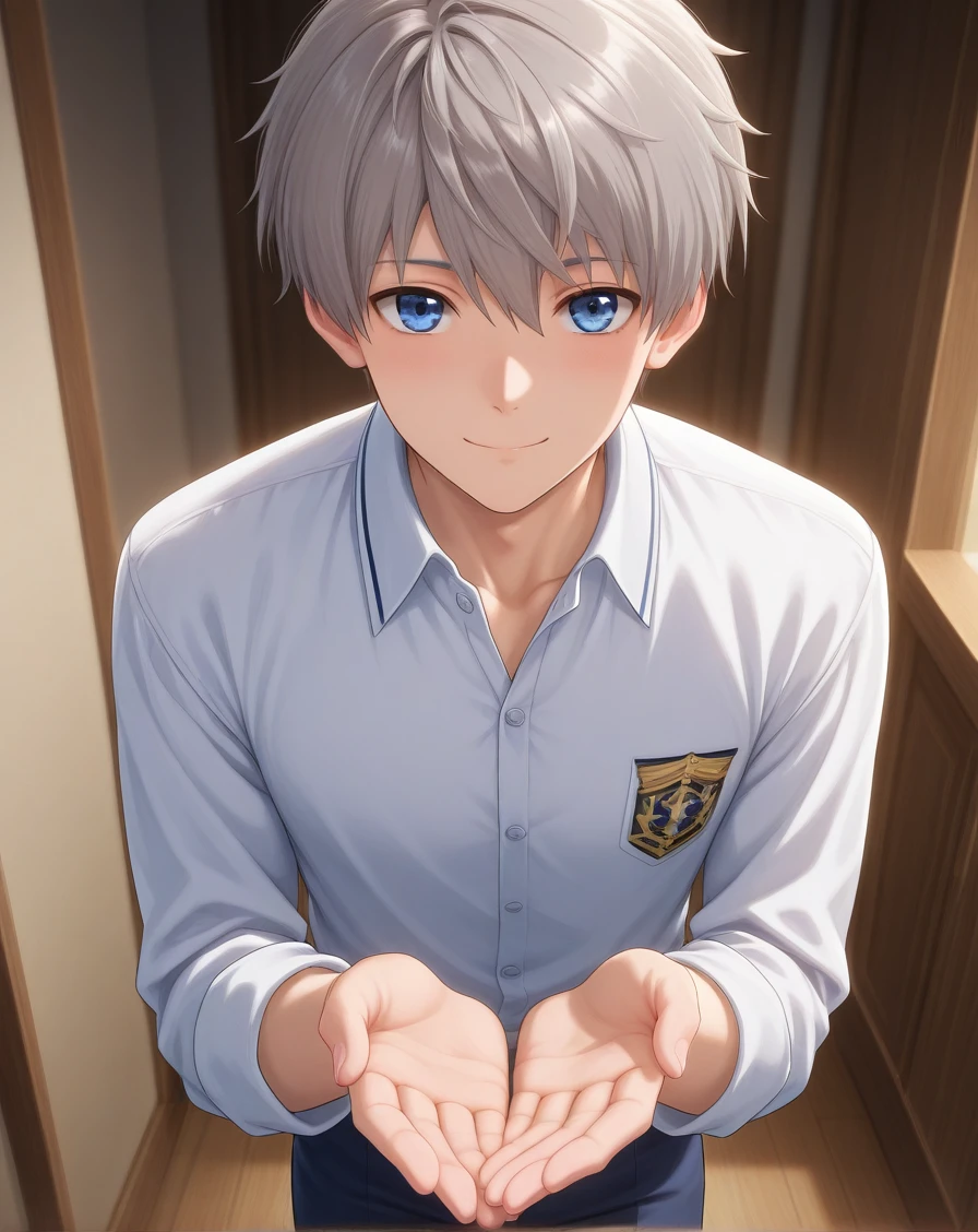 masterpiece, best quality, absurdres, very aesthetic,
1boy, solo, yaoi, male focus, straight-on, anime screencap, 
looking at viewer, cowboy shot, standing, offering hand, smile, 
<lora:Xavier_LnDS:1> xavierlnds, grey hair, blue eyes, short hair,
indoors,