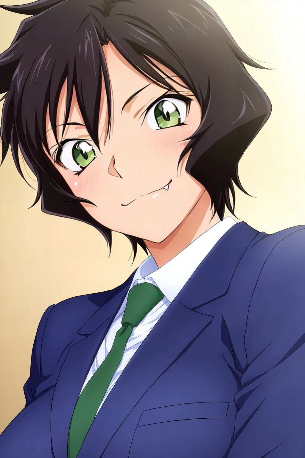 front view,
1girl,mature female,milf,upper body,looking at viewer,blue school uniform,green necktie,smile,
Best quality,masterpiece,soft light,official art,high quality,highres,absurdres,epic scene,natural textures,<,<lora:Sera Masumi IL:1>,sera masumi, short hair, black hair, green eyes, fang,