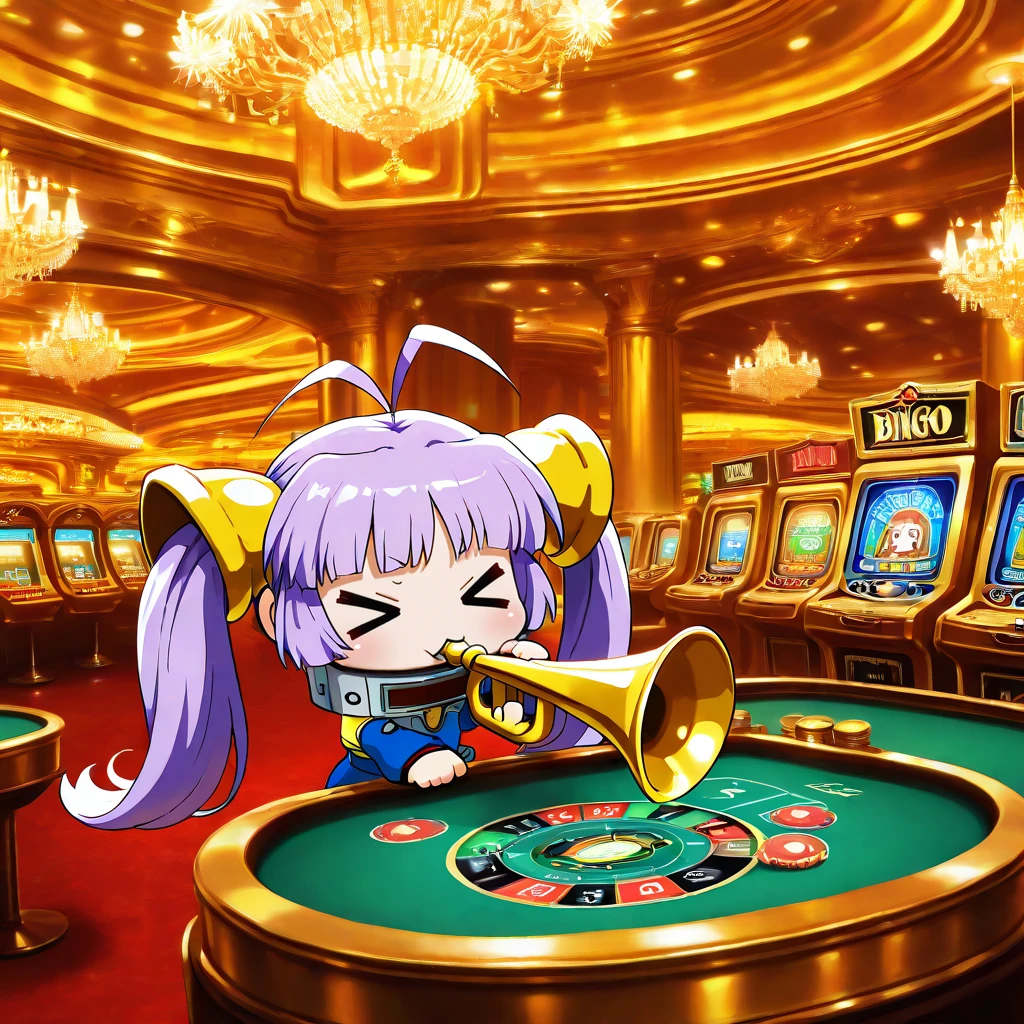 masterpiece,best quality,very aesthetic,highres,absurdres,<lora:CCbinko_ilv1:1>,ccb1nk0,bingo,ahoge,antenna hair,1girl,general,chibi,trumpet,>_<,casino,