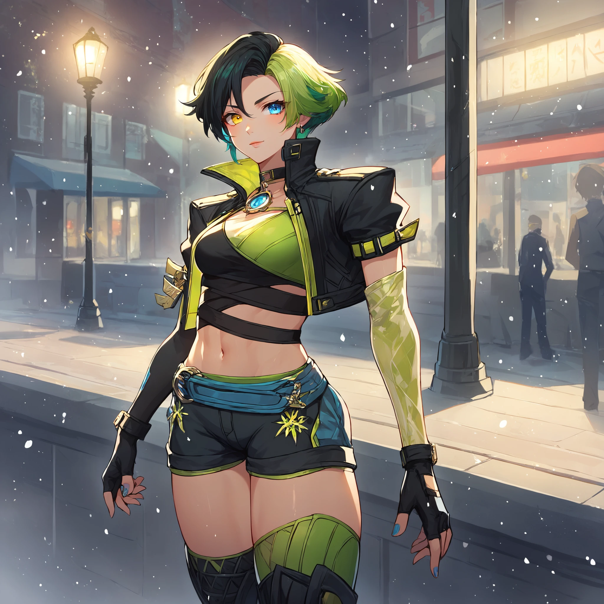 score_9, score_8_up, score_7_up,,hyper-detailed anime illustration of outdoor, street, winter, snowing, , anime art style, every element meticulously crafted, complex backgrounds with rich textures and depth, vibrant and harmonious color palette, dynamic lighting and shadows, capturing fine details in every scene, magical or surreal atmosphere, lifelike gestures and movements, elaborate compositions with multiple layers of detail, blending realism and anime aesthetics, fully immersive and visually captivating storytelling, closeup portrait photography, beautiful eyes, capturing emotion, personality, flattering lighting, professional, engaging, compelling composition,,heterochromia, lun4mb, 1girl, solo, short hair, jacket, shorts, gloves, green hair, thighhighs, multicolored hair, black hair, yellow eye, blue eye, midriff, fingerless gloves, cropped jacket, boots, navel, thigh boots, black footwear,