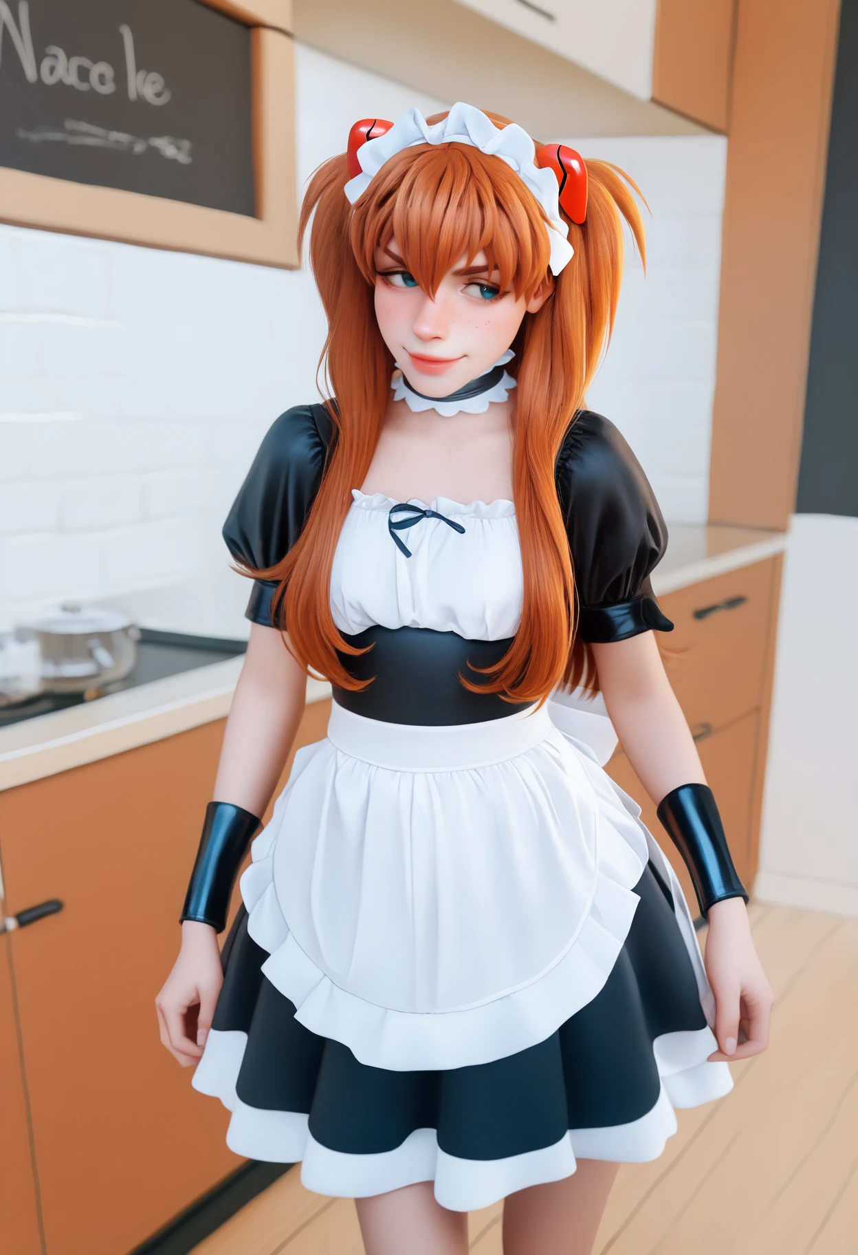 masterpiece, best quality, very aesthetic, absurdres,
1girl, shirogane, souryuu asuka langley, brown hair, long hair, bangs, freckles, blue eyes,
apron, choker, black dress, maid, maid headdress, puffy short sleeves, wrist cuffs,
smile, indoors, kitche,  <lora:ShiroganeNoobXL_byKonan:1>