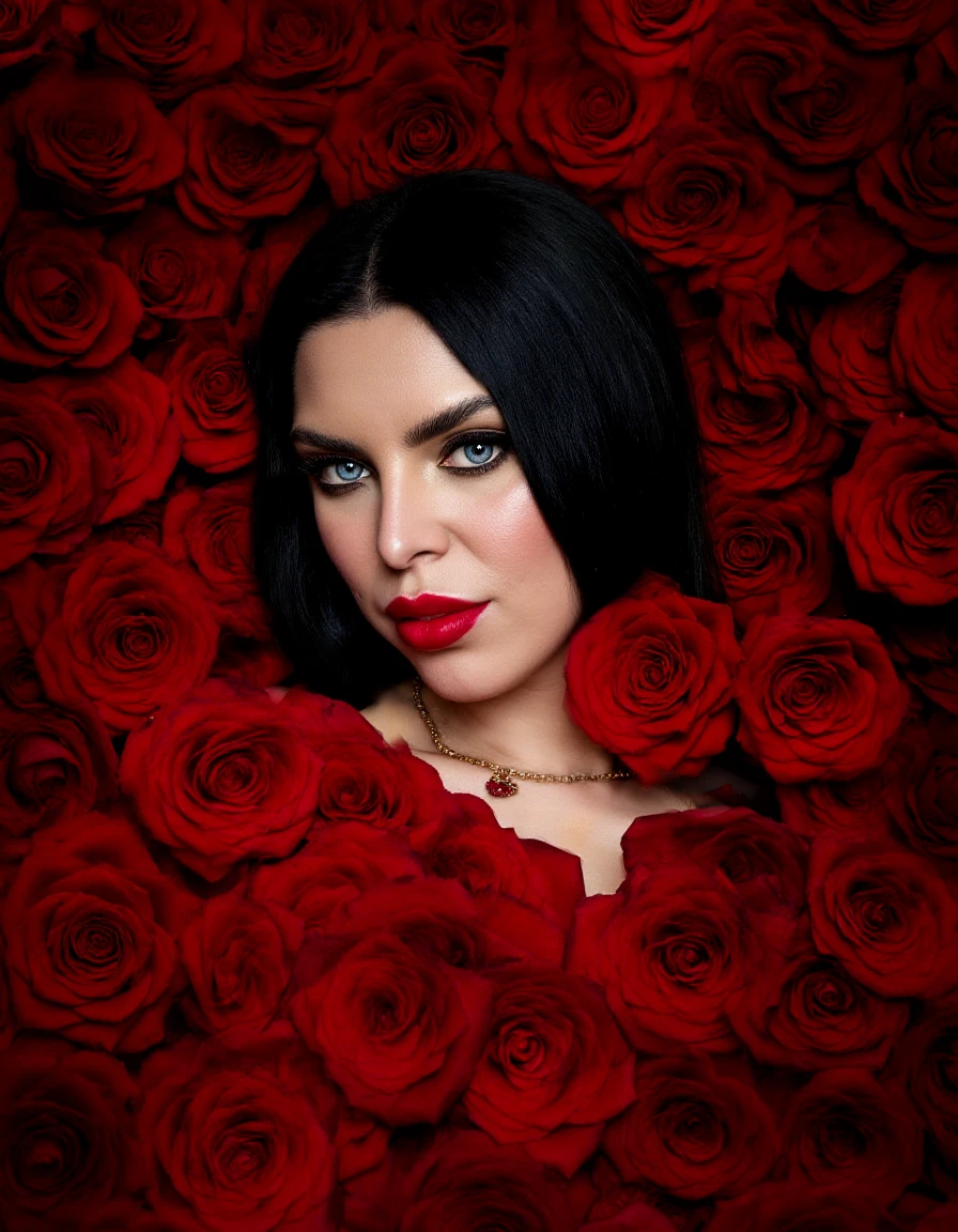 High quality professional photography. side shoot,woman,She has a slightly curvy figure with a noticeable bust.Esc_KiraQueen,<lora:Esc_KiraQueen:1.1>,lying in dark red roses,striking blue eyes. straight black hair cascading down her shoulders,lips are painted a vibrant,bold red,dramatic winged eyeliner that extends outward in a sharp,precise line. Her eyelashes are long and voluminous,enhanced with mascara. Her complexion has a radiant,glowing sheen,natural skin health.,
upper body portrait of a gorgeous brunette woman with pale skin as a queen wearing a red kaftan dress with intricate golden details Her hair is long and straight. Wearing a necklace and armbands.,
RAW photo,masterpiece,photorealistic,8k,stunning eyes,skin detail,skin pores,blemishes,
(face bathed in patterned light:1.3),(speckled shadows:1.2),(captivating gaze:1.1),(contrast of light and texture:1.2),artistic interplay,(sharp luminous streaks:1.1),(detailed iris:1.1),Sony α7R IV,1/320s,f/2.8,ISO 400,(enigmatic expression:1.2),(highlighted facial contours:1.1),dark red rose petals,erotic,sensual,awesome,backlight,HDR,8K,award-winning photography,best style,correct fingers,accurate anatomy,trending,<lora:Esc_Makeup:0.6>,