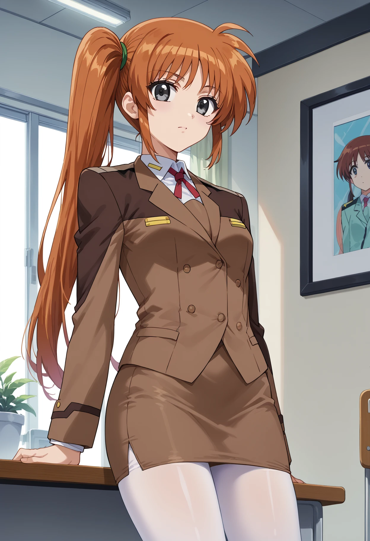 score_9, score_8_up, score_7_up, score_6_up, score_5_up, score_4_up, masterpiece, source_anime, 1girl, c-takamachi, very long hair, side ponytail, orange hair, dark grey eyes, brown jacket, brown skirt, pencil skirt, long sleeves, white pantyhose, looking at viewer, indoors, day, anime screencap,
