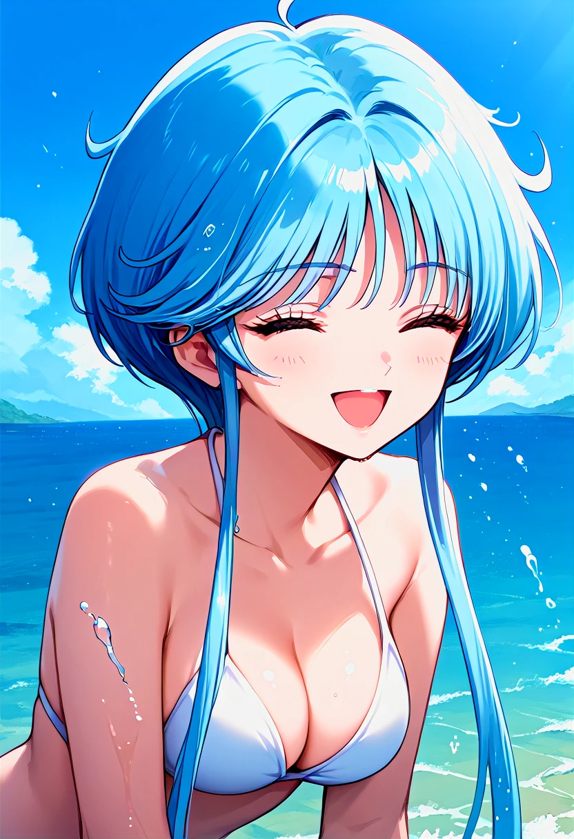 best quality, masterpiece, incredibly beautiful, very elaborate 8K wallpaper, otherworldly beautiful girl, , (fair skinned), Side pony, intermittently, Open your mouth and laugh, long eyelashes, cosmetic, One eye open, (zoom out, big, bigREAK, summer, Beachy, (bikini), Reflection in the water, (Floating water drops blur foreground), (blue sky), lens flare glow, (water splash), Sunlight,