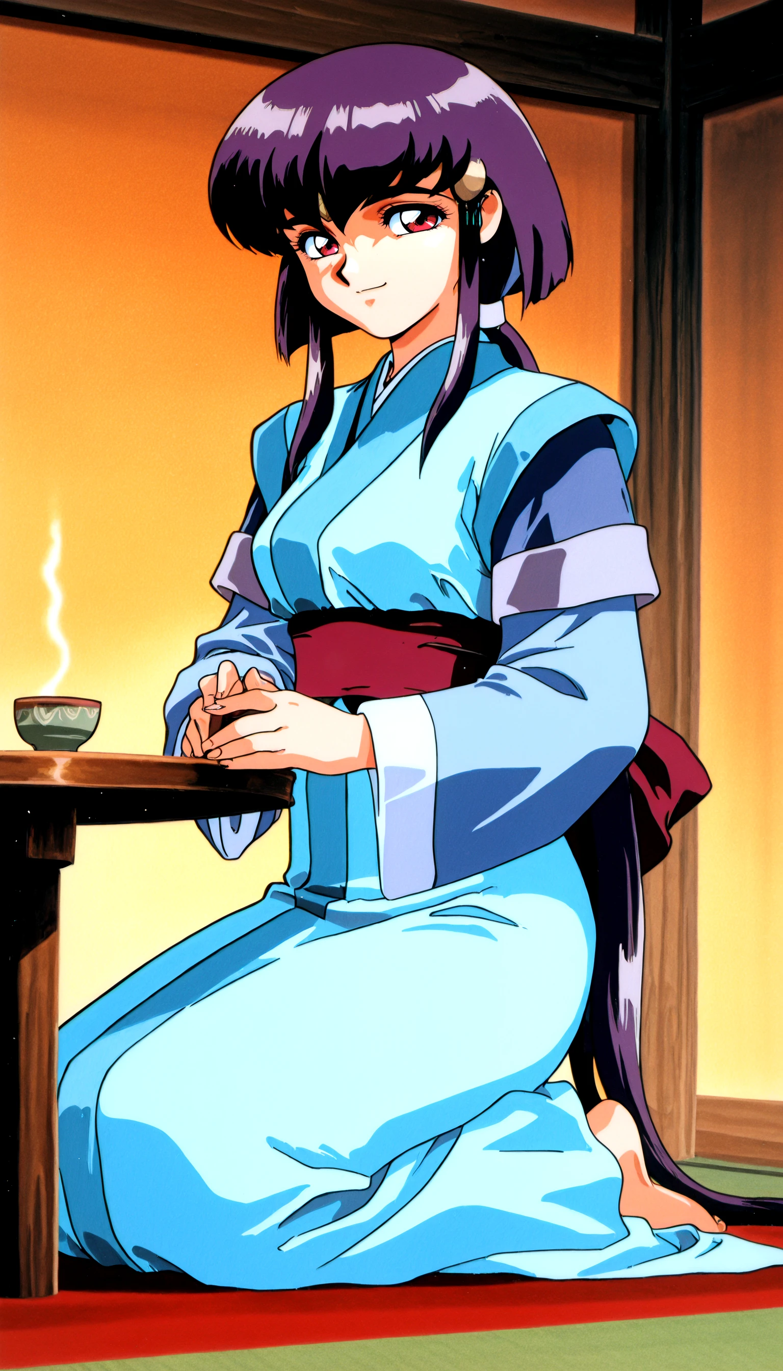 solo <lora:AekaILV9_epoch_11:0.99> masaki_aeka_jurai, blue_kimono, double_sleeves, red_obi, sitting, wagashi, table, kneeling, japanese_tea_cup, Tea, retro_artstyle, solo, smile, looking_at_viewer,, masterpiece,best quality,absurdres, amazing quality