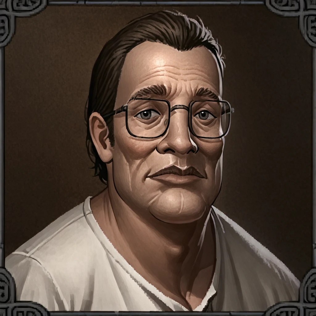 <lora:Illustrious - Dark and Darker Portraits - 2023 - Epoch 8:0.9> dark_and_darker_game_portrait_style, vendor, fantasy portrait, small_border, frame, low_resolution,  <lora:hankhill_pd:1> hankhillpd, glasses, brown hair, white t-shirt, wrtistwatch, mature male, male focus, black eyes,