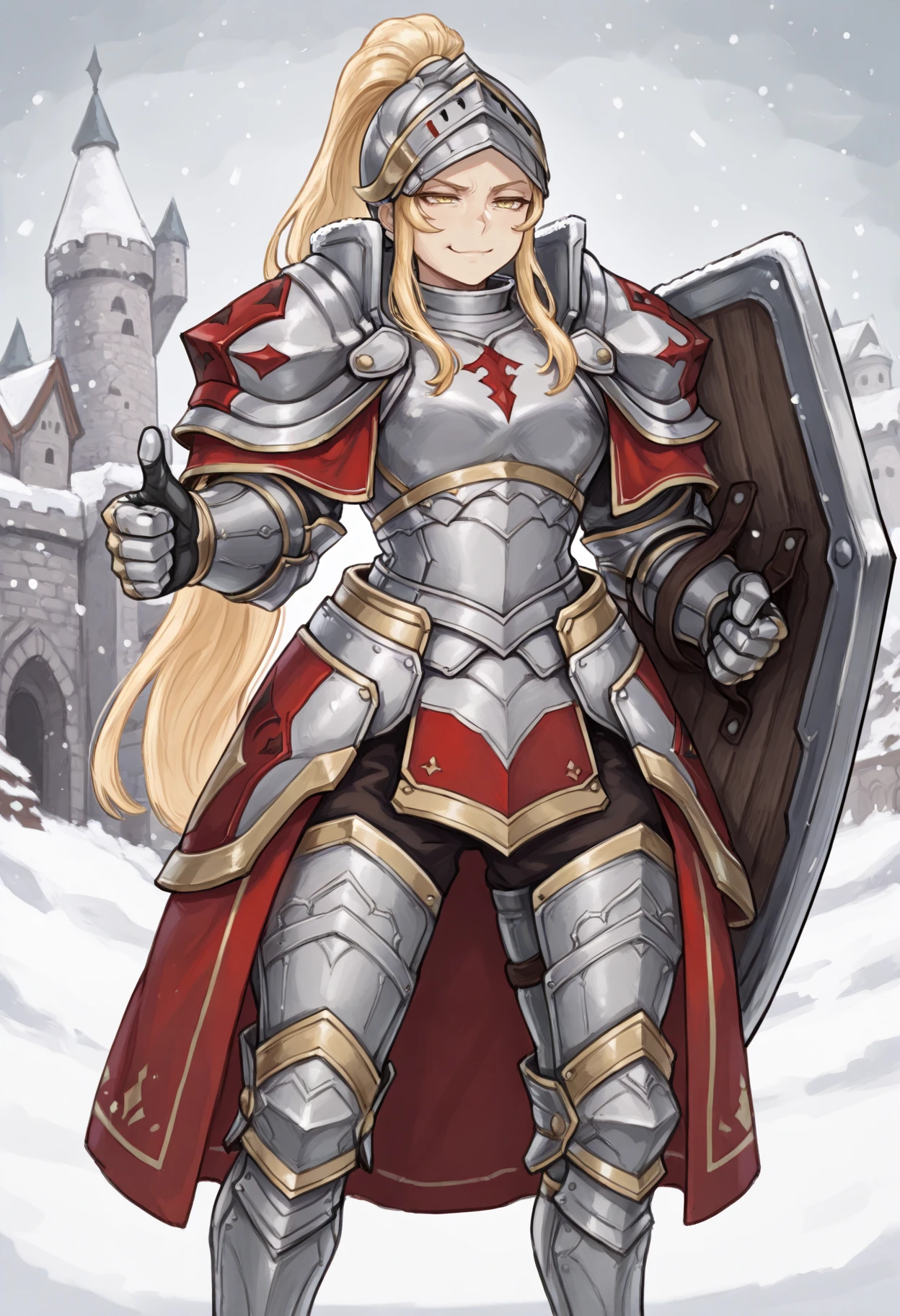 masterpiece, best quality, 1girl, smirk, holding shield, thumbs up, <lora:JadeFE-illu:1> dfJade, blonde hair, long hair, ponytail, sidelocks, helmet, hair through headwear, yellow eyes, full armor, knight, pauldrons, gauntlets, faulds, greaves, armored boots, snow, castle