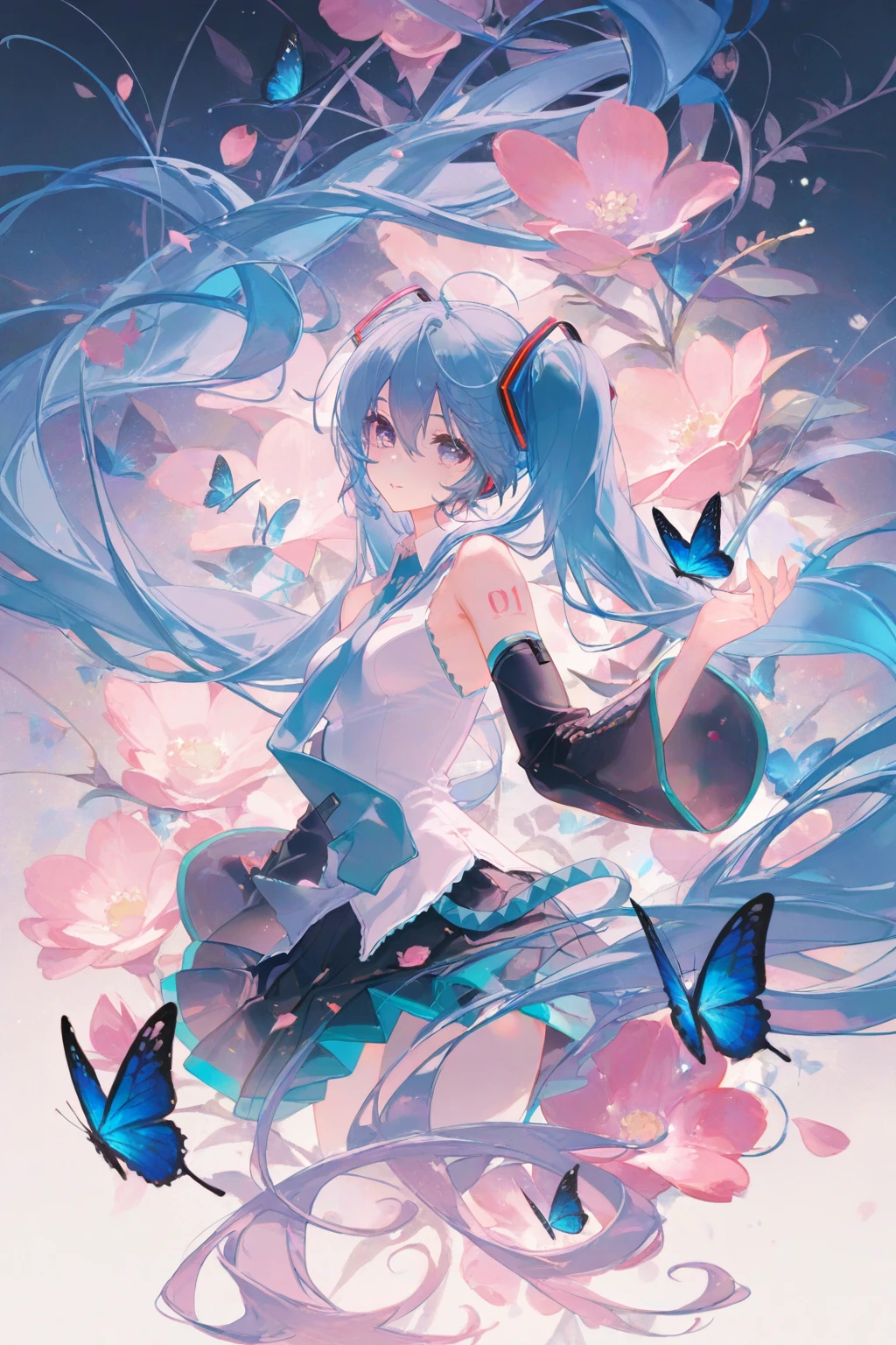 very aesthetic,high definition,masterpiece,illustratio,best quality,[artist:kedama milk],artist:ask(askzy),[artist:WANKE],artist:miji_black,artist:ciloranko,pastel xl,<lora:pastel xl:0.8>, -pastel xl, 1girl, long hair, hatsune miku, solo, butterfly, twintails, bug, detached sleeves, shirt, blue eyes, very long hair, skirt, necktie, black skirt, blue hair, floating hair, tattoo, flower, black sleeves, sleeveless shirt, sleeveless, blue butterfly, pink flower, hair between eyes, bare shoulders, blue necktie, white shirt, looking at viewer