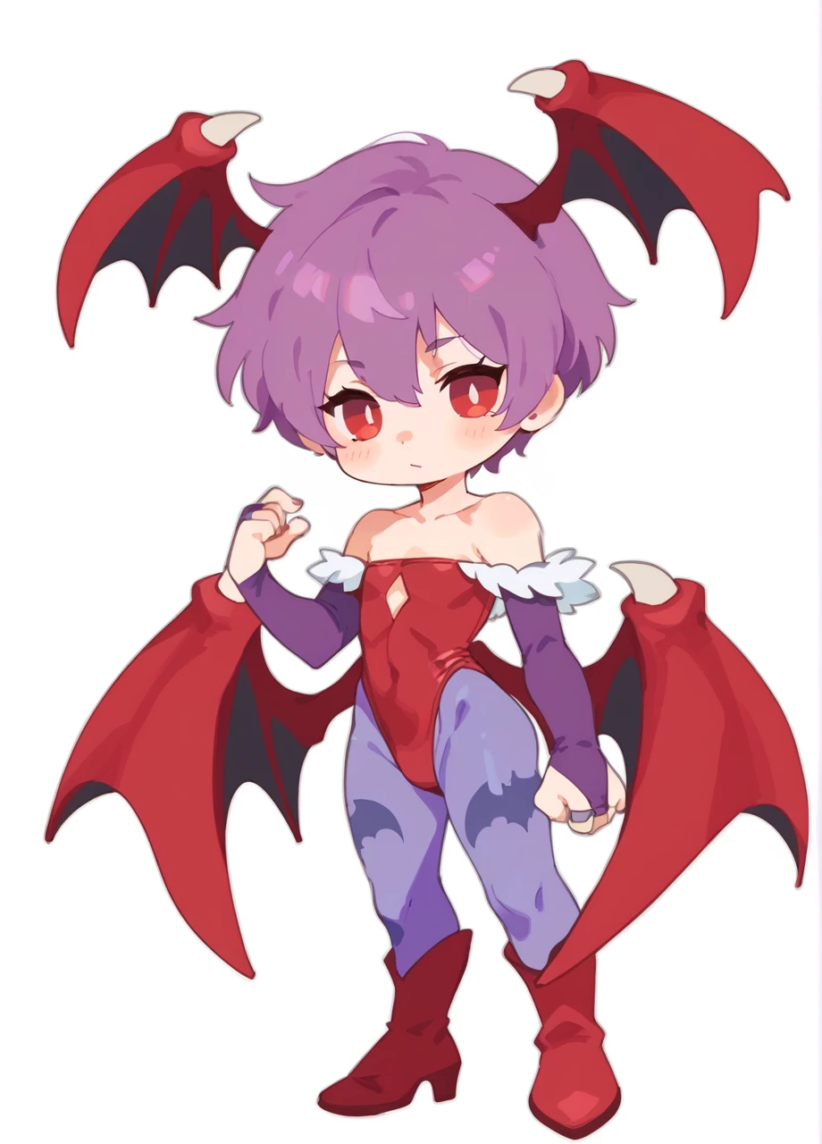 <lora:lilith11:0.8> dslilith, demon girl, solo, chibi, full body, white background, short hair, purple hair, red eyes, red leotard, exposed shoulders, bridal gauntlets, bat-print legwear, pantyhose, head wings, <lora:Style_RizuNM-PONY:0.8> rizunm_style, score_8_up, score_7_up, score_6_up, score_5_up