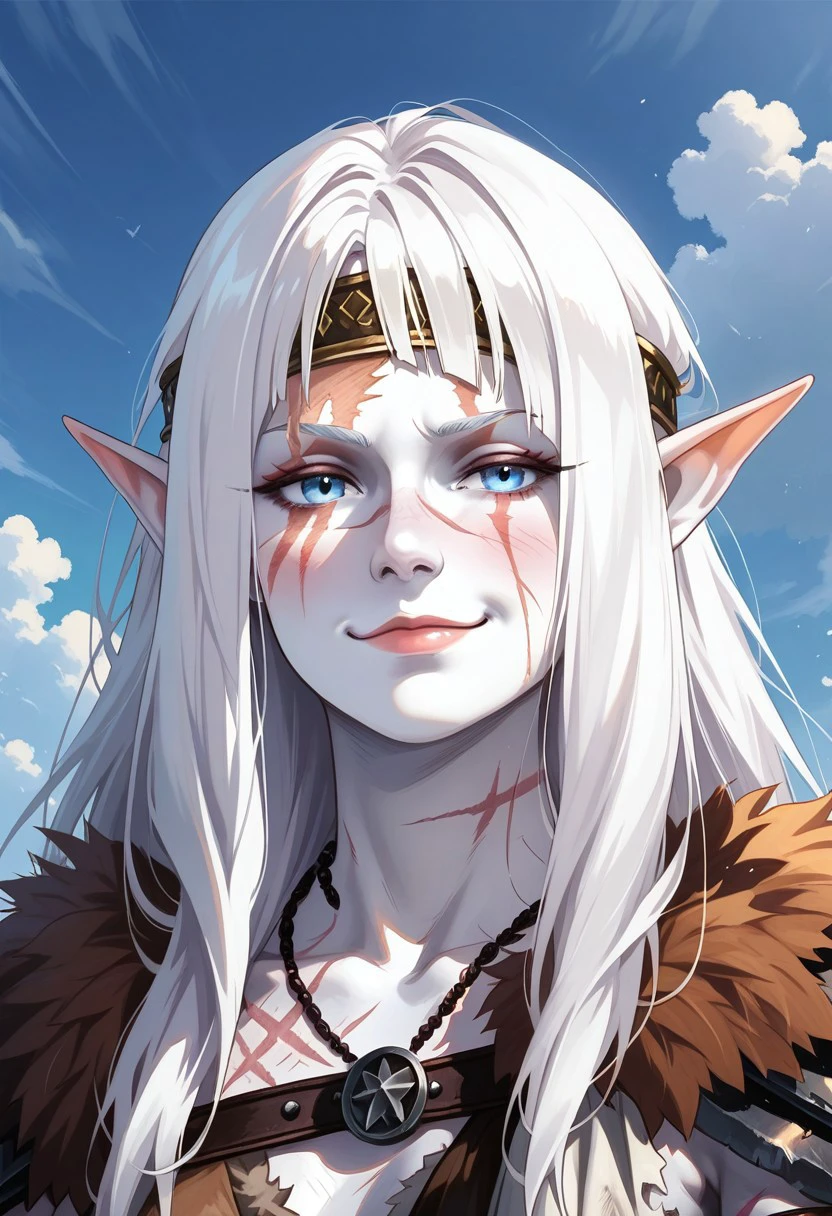 masterpiece, best quality, newest, absurdres, highres, 
anime, anime style, BetterScarsIL-v1.0, scar, 1girl, mature and imposing, 30 years old, portrait, beautiful, Elf shaman dramatic lights, white hair, (long hair:1.3), side bangs, barbarian, gladiator, war paint, white skin, white colored skin, albino, albino skin, muscular, athletic, scars, (smug:0.85), medium brests, blue eyes