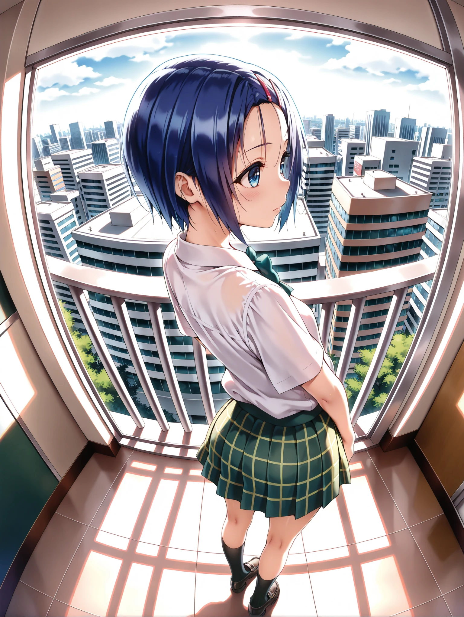 masterpiece,best quality,amazing quality,solo,1girl,
<lora:s_haruna_ilxl_v1:1>,h_clip,blue hair,blue eyes,h_clothes,short sleeve blouse,school uniform,green plaid skirt,black socks,loafers,
<lora:Fixhands_anime_bdsqlsz_V1:1>,city,expressionless,looking_away,voyeur,profile,from_back,fisheye,