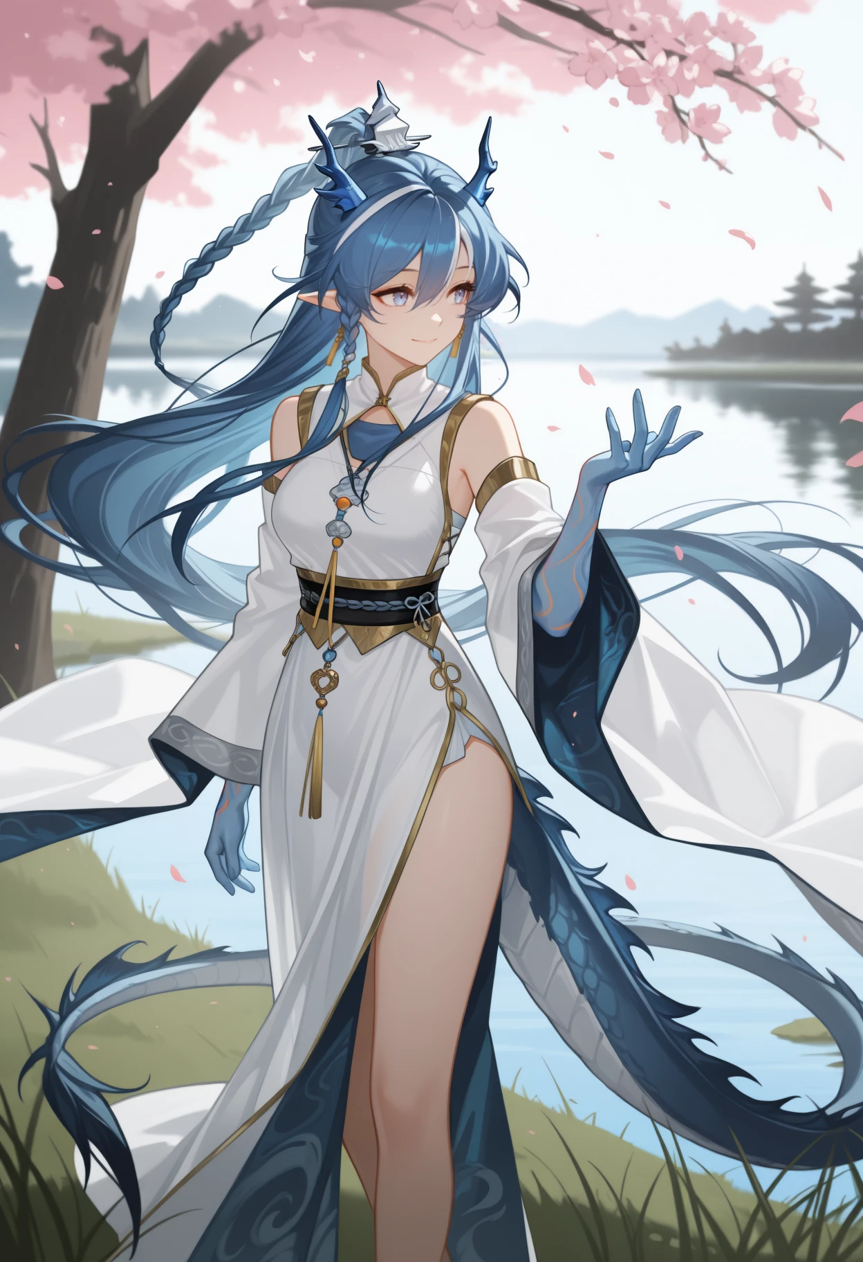 masterpiece, best quality, solo, 1girl, l1ngdress, gradient skin, blue skin, dragon tail, smile, looking away, hand up, streaked hair, blue hair, white hair, hair between eyes, braid, blue horns, dragon horns, pointy ears, chinese clothes, white dress, long sleeves, white sleeves, detached sleeves, wide sleeves, black sash, tassel earrings, bare shoulders, outdoors, lake, grass, tree, cherry blossoms, falling petals, wind lift
<segment:yolo-face_yolov8m.pt,0.4,0.5//cid=1>