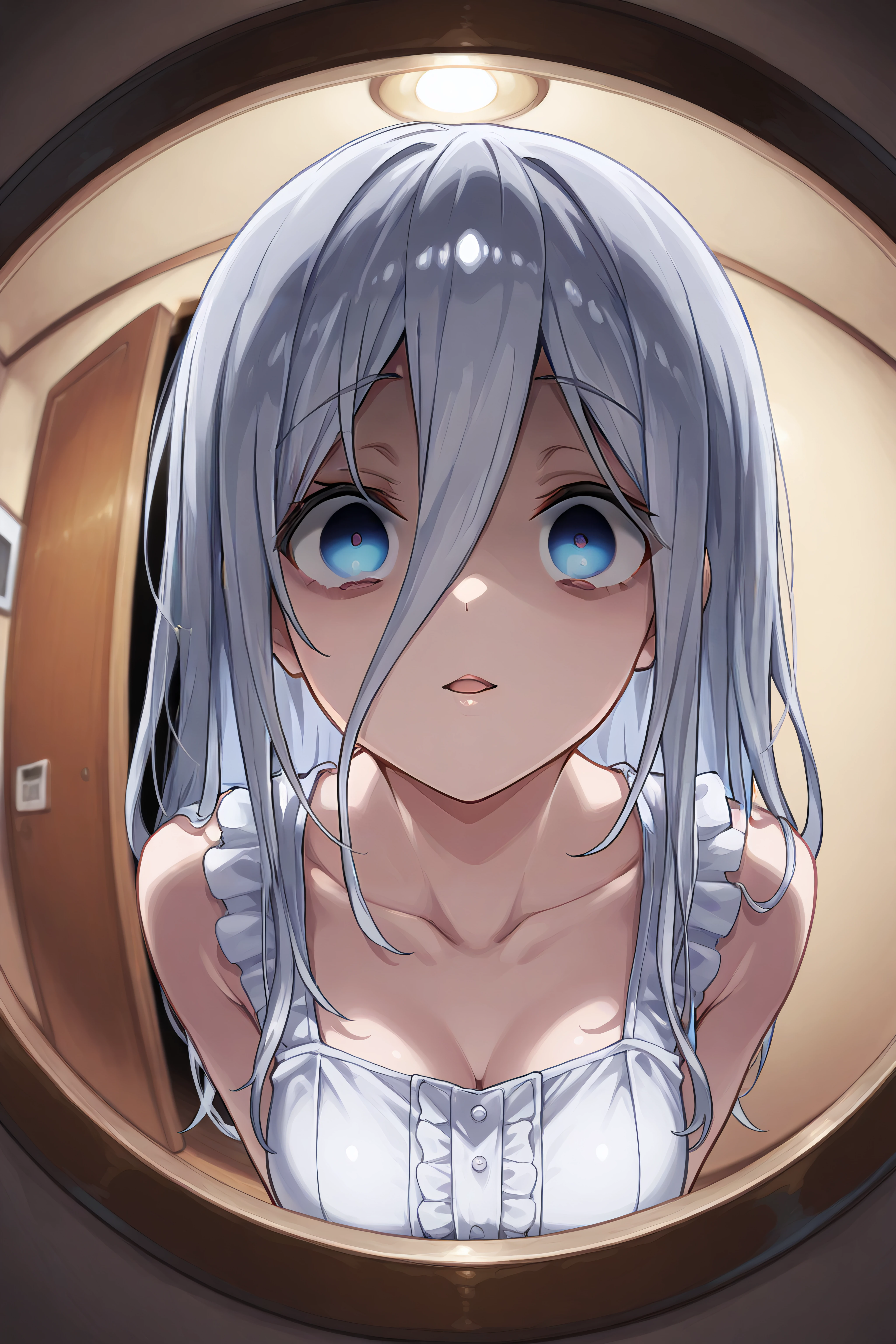 masterpiece, best quality, <lora:Mio Takamiya-Illustrious-lora-Faxtron:1> mio takamiya, blue eyes, grey hair, long hair, hair between eyes, white dress, collarbone, sleeveless, 
 <lora:pov-peephole-ponyxl-lora-nochekaiser:1> pov peephole, peephole, fisheye, round border, peeking, voyeurism, aprtment, yandere, horror (theme), yandere, flourescent lamp,,