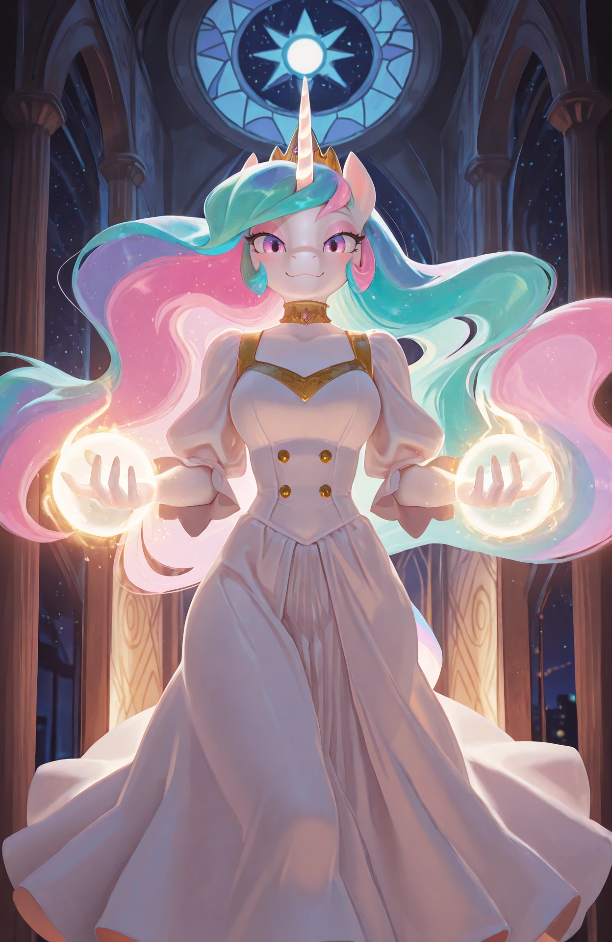 masterpiece, best quality, high quality, good quality, absurdres, newest, very awa, 1girl, princess celestia \(mlp\), horn, anthro, safe, smile, blush, looking at viewer, night, abstract background, dress, indoors, multicolored hair, backlighting, magic, perspective <lora:BCkiwis_3D_Art_Style_ILNOOB-000014:0.8>