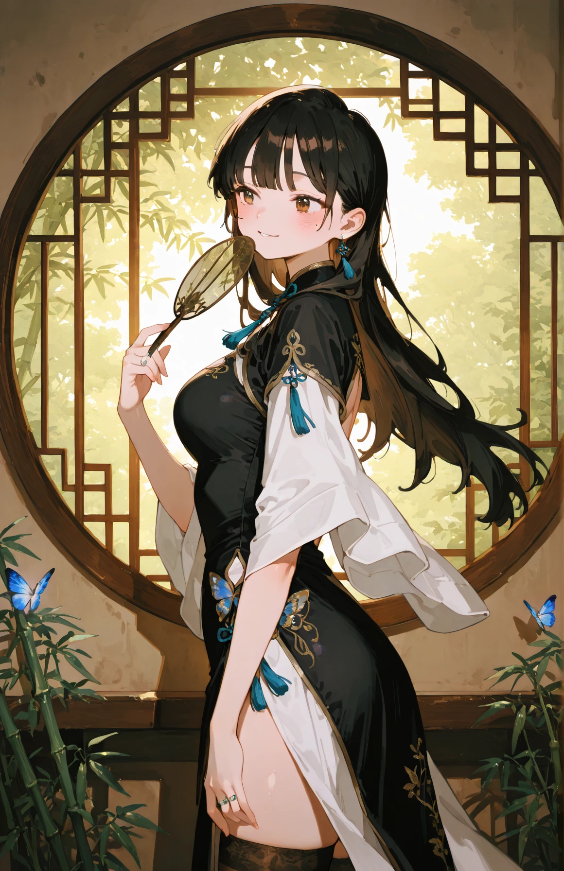 perfect quality,high quality,masterpiece,best quality,amazing quality,very aesthetic,Cinematic Lighting,newest,Tactical use of shadow,
<lora:Yamada Anna_Illustrious by Cyql:1>,yamadaanna cyql,1girl,blush,long hair,black hair,brown eyes,
butterfly,bug,blue butterfly,looking at viewer,holding,butterfly dress,breasts,jewelry,closed mouth,from side,indoors,hand fan,chinese clothes,window,medium breasts,holding fan,long sleeves,standing,ring,tree,very blunt tresses,butterfly on hand,tassel,nature,cowboy shot,east asian architecture,light ribbon,mole,white dress,lattice,earrings,forest,wide sleeves,architecture,smile,hand up,parted lips,blunt bangs,folding fan,floating hair,mole under eye,round window,short sleeves,bamboo,day,back cutout,clothing cutout,thighhighs,plant,black dress,looking to the side,flower,sidelocks,outdoors,neck tassel,
<lora:748cmSDXL:0.5>,<lora:illustrious_quality_modifiers_masterpieces_v1:0.8>,<lora:EtherSDXL:0.5>,748cmstyle,EtherStyle,masterpiece,very aesthetic,<lora:detailer_v5:0.5>,detailerlora,