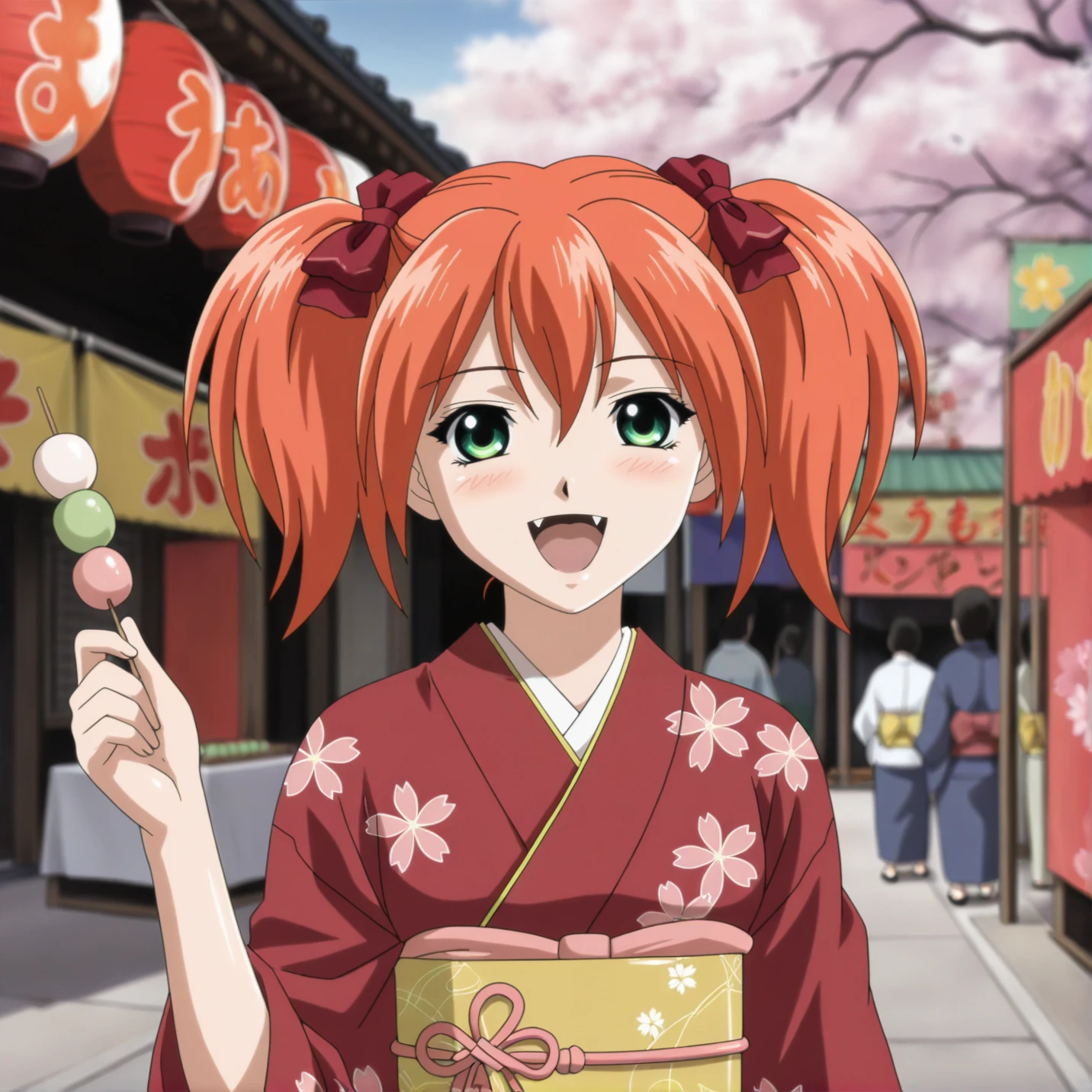 masterpiece, best quality, amazing quality, very aesthetic, absurdres, shuzen_kokoa, 1girl, solo, hair bow, kemono,festival, green eyes, smile, happy, [fangs], cherry blossoms, floral print, dango, happy, obi <lora:kokoa_v1:0.95>