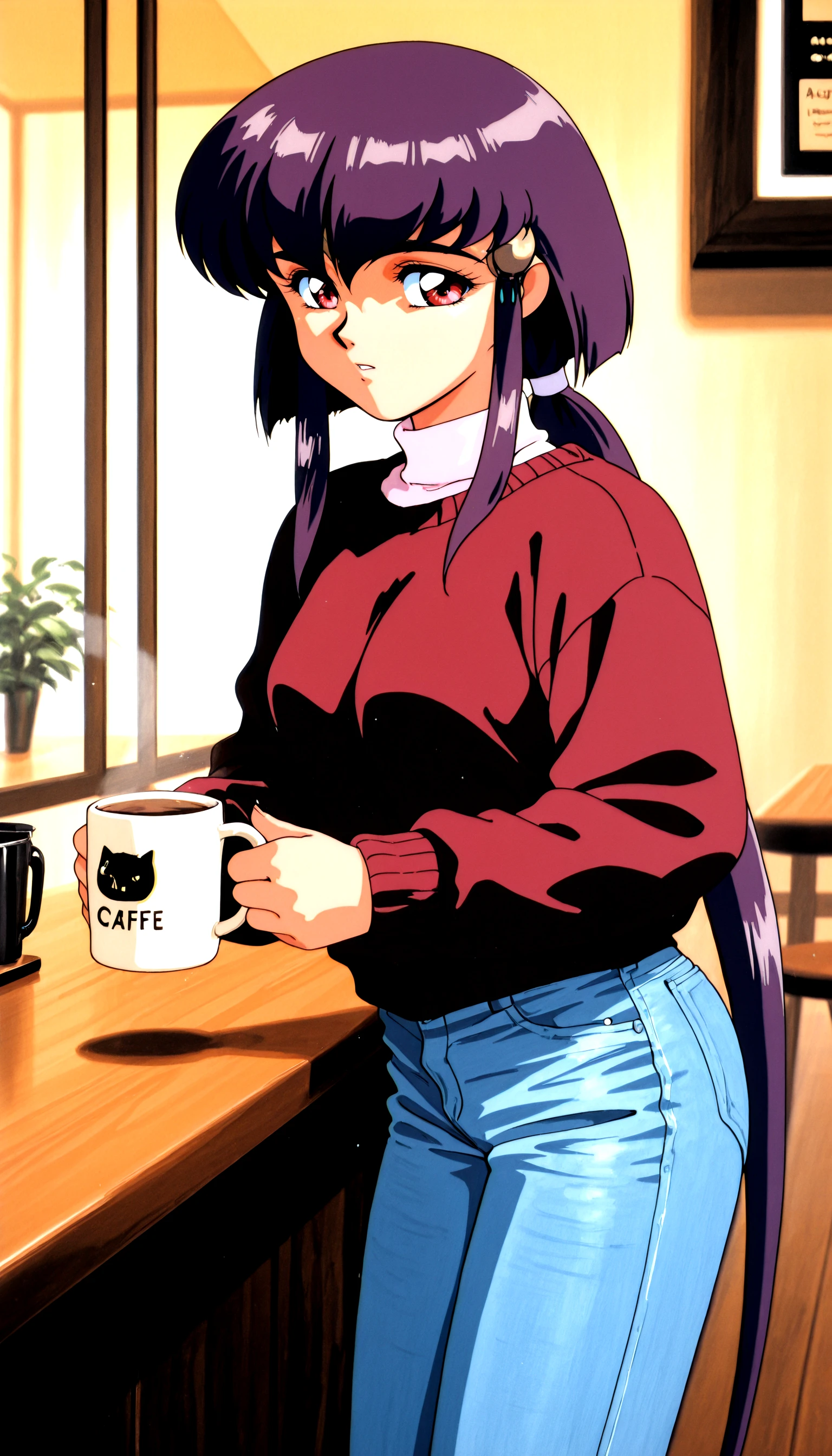 solo <lora:AekaILV9_epoch_11:0.99> masaki_aeka_jurai, retro_artstyle, solo, sweater, jeans, cafe, coffee_mug, masterpiece,best quality,absurdres, amazing quality