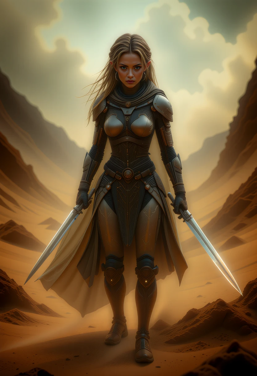 A cinematic scene unfolds in a desert landscape, where a Valenar Elf warrior, a fusion of ancient traditions and high-tech innovations, stands ready for battle. Her clothing, a blend of traditional elven attire and futuristic technology, includes a high-tech cloak and armor, enhancing her agility and protection. The warrior, with her sword drawn, faces the sandstorm, her determined expression capturing the essence of resilience and strength. This high-resolution photograph, with its dynamic composition, energetic pose, and hyper-realistic details, utilizes dramatic lighting and shallow depth of field to create a captivating image, leaving viewers enthralled by the warrior's beauty, power, and the mysteries of the desert's harsh environment.     <lora:flux/Sinfully_Stylish_.02_for_FLUX-000002.safetensors:1.0>,  <lora:flux/perfection style v2d.safetensors:1.0>, perfection style, <lora:flux/ARTifacts.safetensors:1.0>,