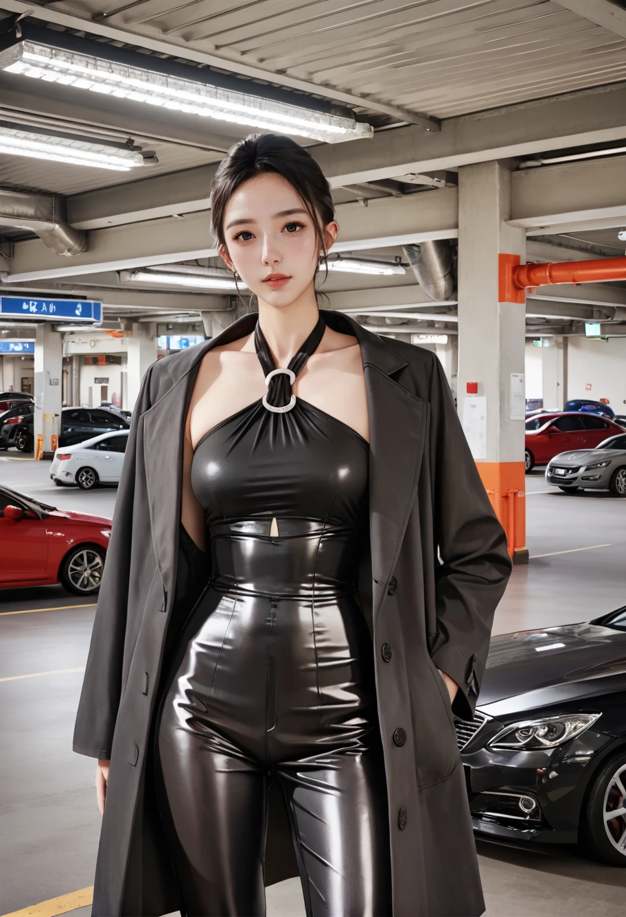 ,ruanyi1409,indoors,motor vehicle,,ruanyi1400,halterneck,sleeveless,tight clothes,leather pants,coat,<lora:1409 Underground parking lot_v1_pony:1>,<lora:1400 date attire_v1_pony:0.9>, score_9,score_8_up,score_7_up,,8k,solo,,